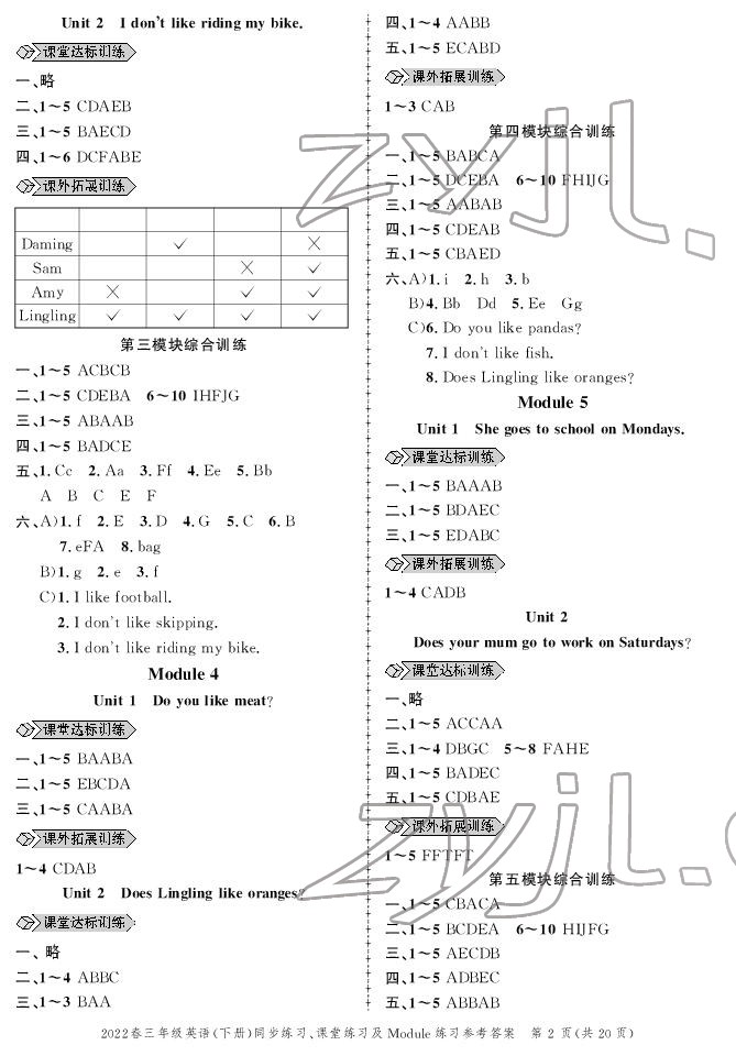 2022年創(chuàng)新作業(yè)同步練習(xí)三年級(jí)英語下冊(cè)外研版 參考答案第2頁