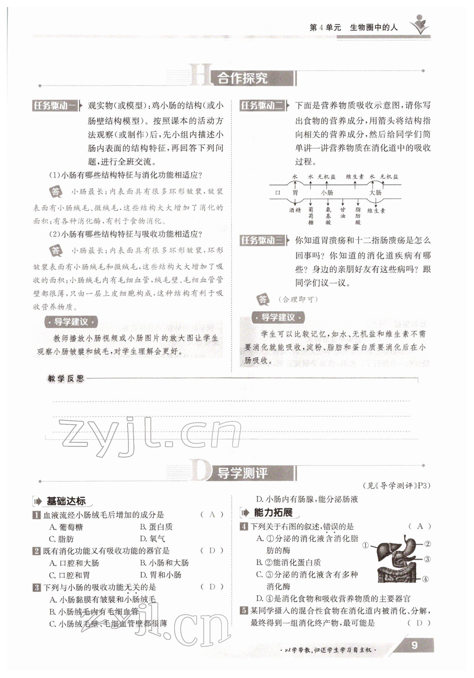 2022年金太陽導(dǎo)學(xué)案七年級(jí)生物下冊(cè)北師大版 參考答案第9頁