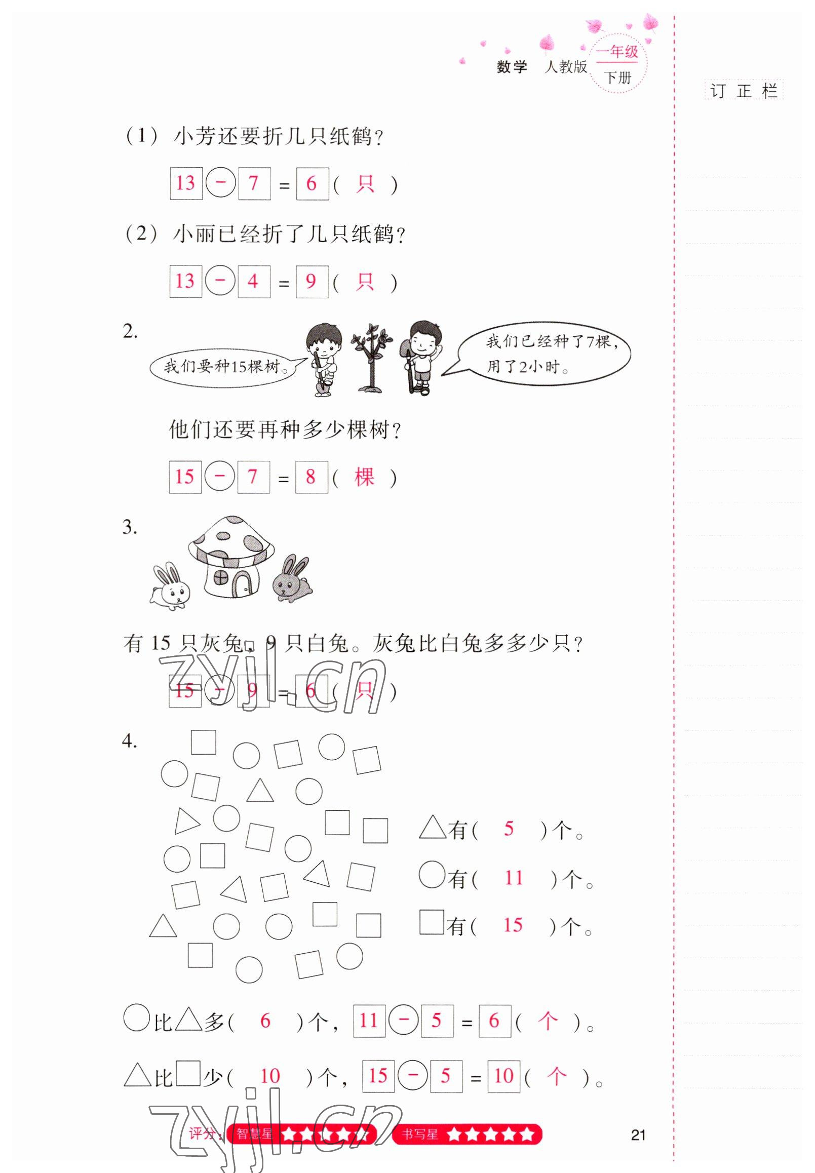 2022年云南省标准教辅同步指导训练与检测一年级数学下册人教版 参考答案第20页