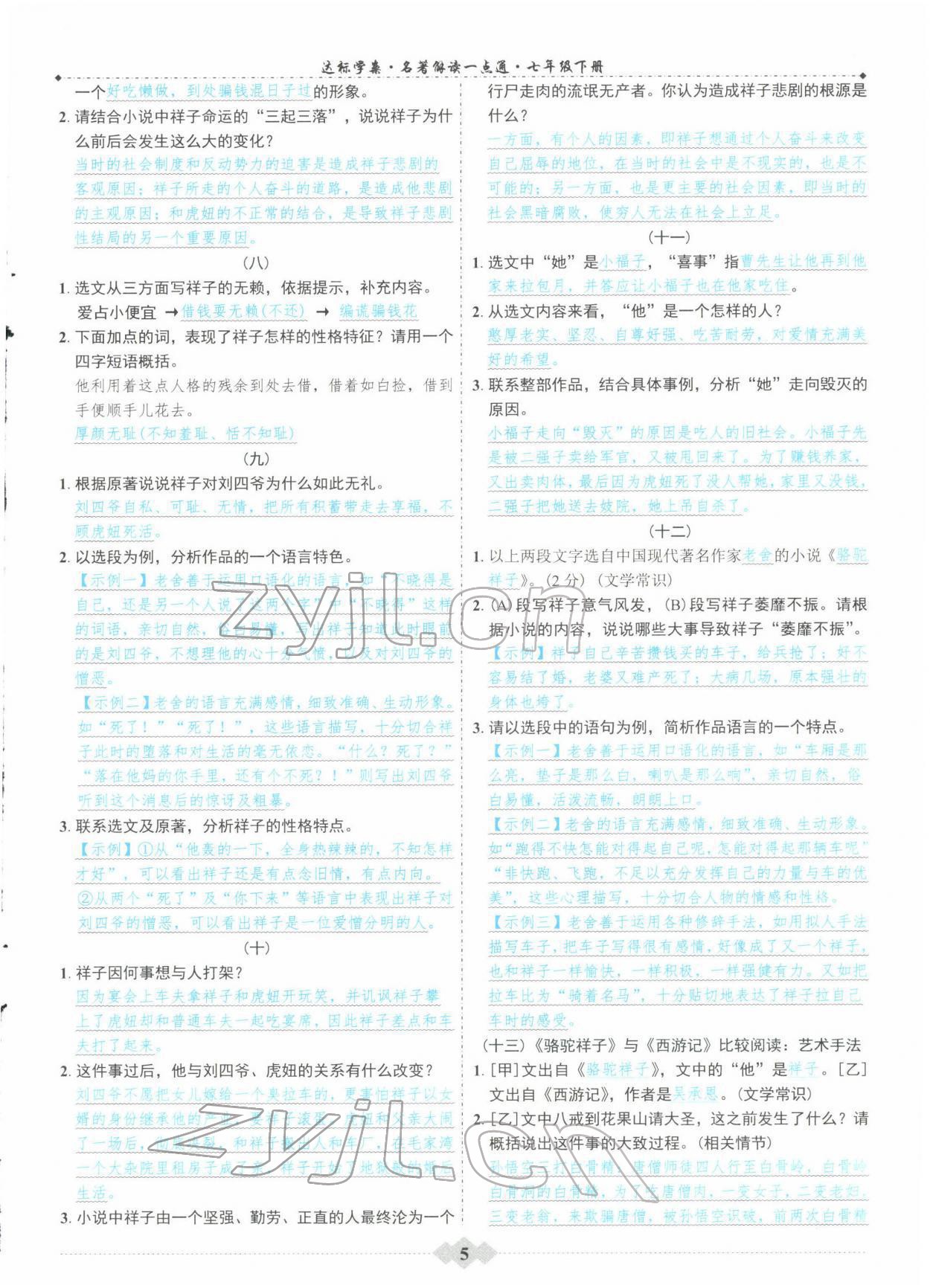 2022年初中達標學案名著解讀一點通七年級下冊人教版 參考答案第5頁