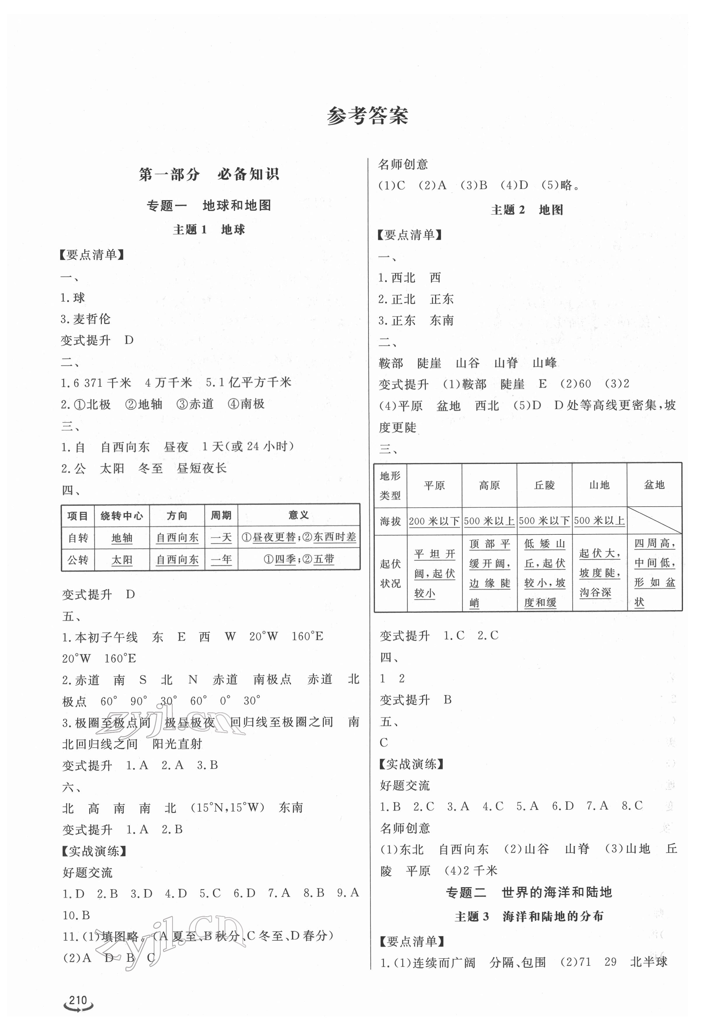 2022年初中總復(fù)習(xí)手冊山東省地圖出版社地理 參考答案第1頁