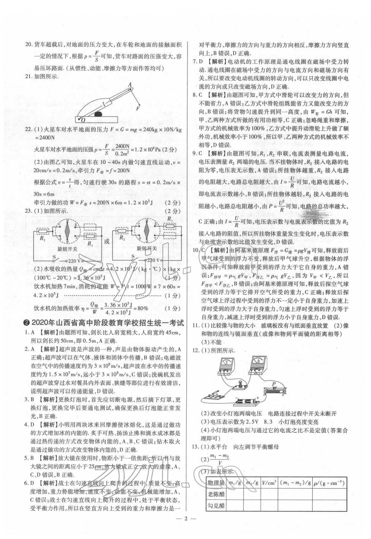 2022年梦想考场山西中考真题精练物理 参考答案第2页