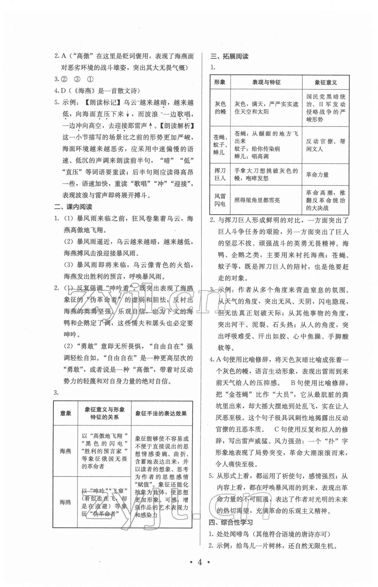 2022年人教金學(xué)典同步解析與測(cè)評(píng)九年級(jí)語(yǔ)文下冊(cè)人教版 參考答案第4頁(yè)