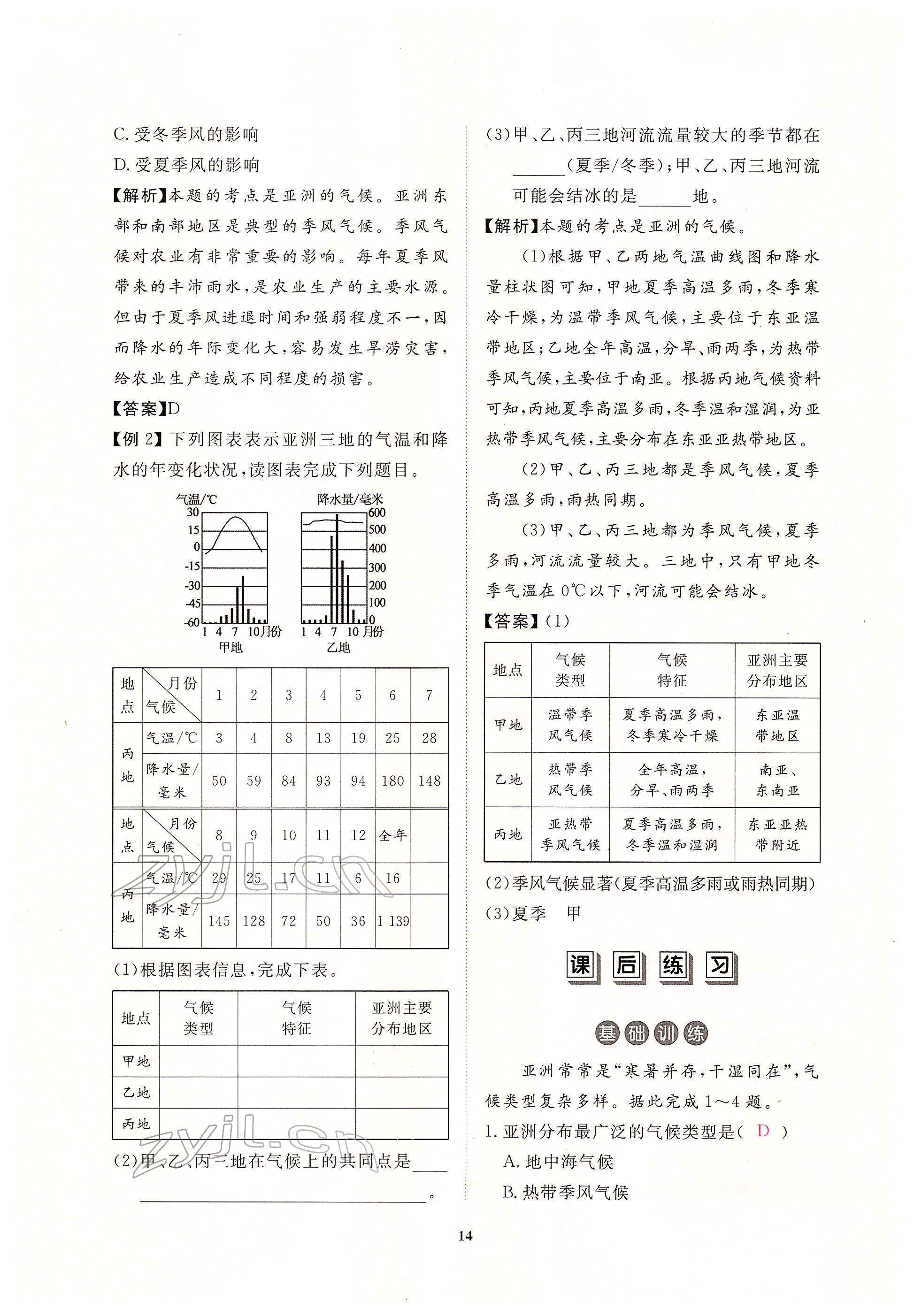 2022年一課一練創(chuàng)新練習(xí)七年級地理下冊人教版 參考答案第14頁