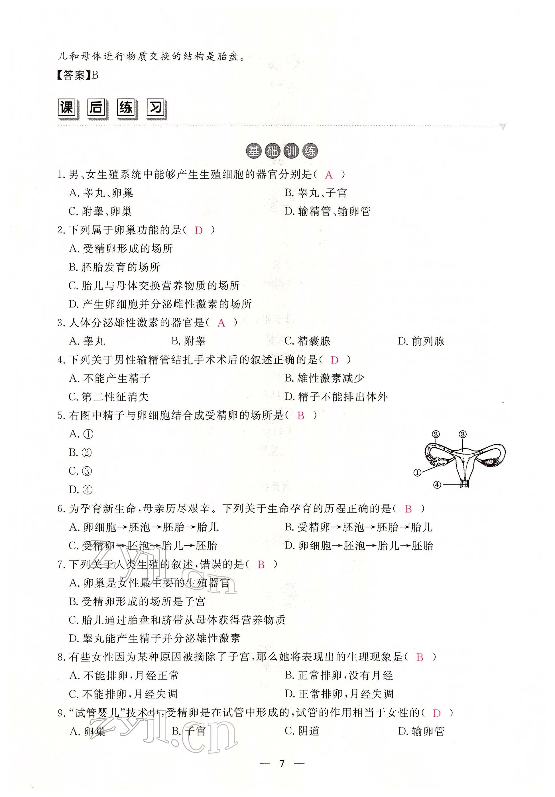 2022年一課一練創(chuàng)新練習(xí)七年級(jí)生物下冊(cè)人教版 參考答案第7頁(yè)