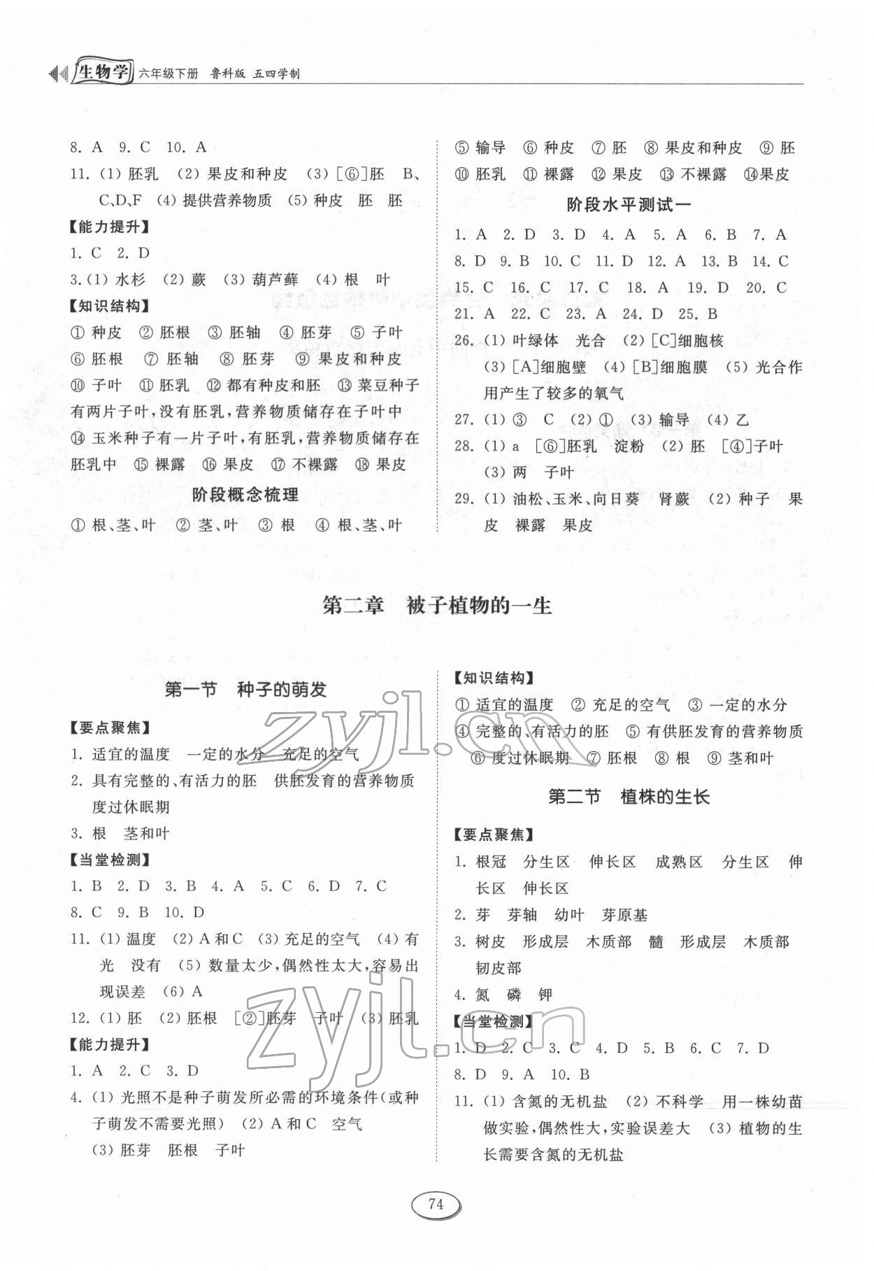 2022年初中同步练习册六年级生物学下册鲁科版54制山东科学技术出版社 参考答案第2页