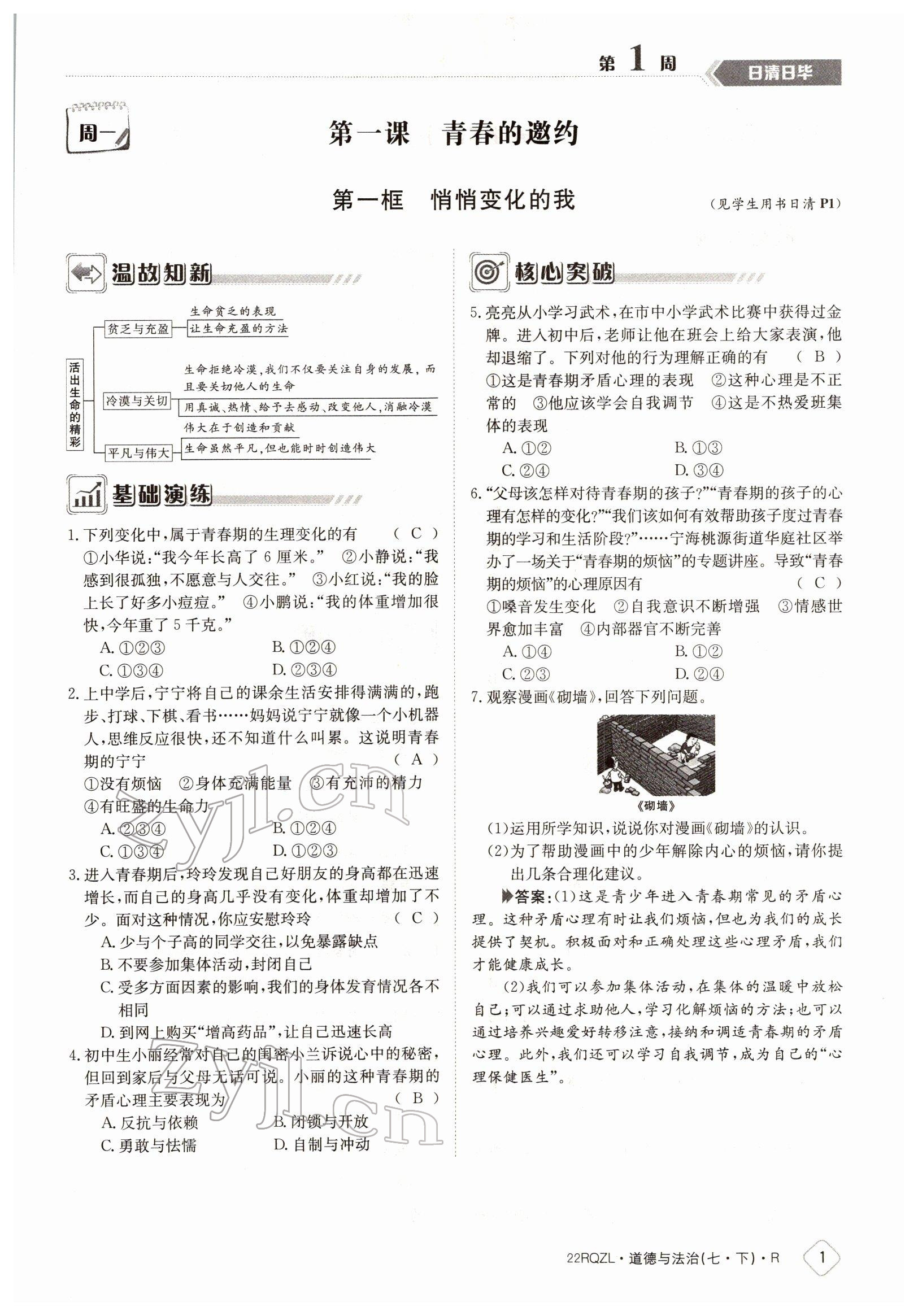 2022年日清周練七年級道德與法治下冊人教版 參考答案第1頁