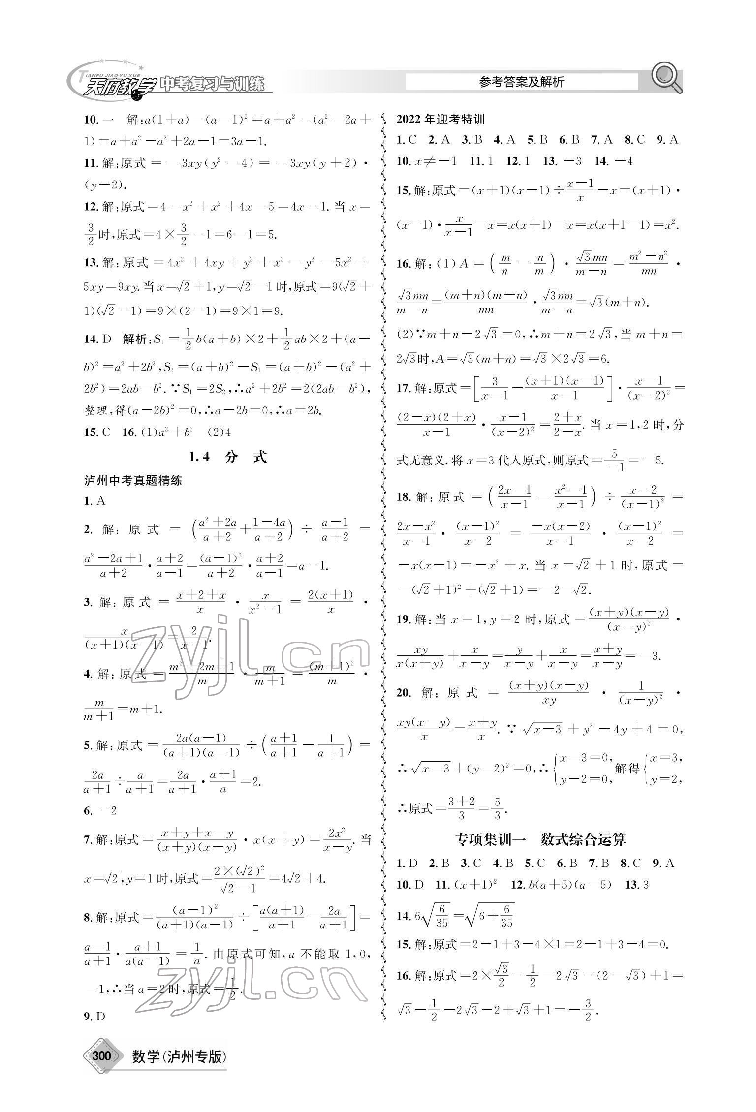 2022年天府教與學(xué)中考復(fù)習(xí)與訓(xùn)練數(shù)學(xué)瀘州專版 參考答案第10頁