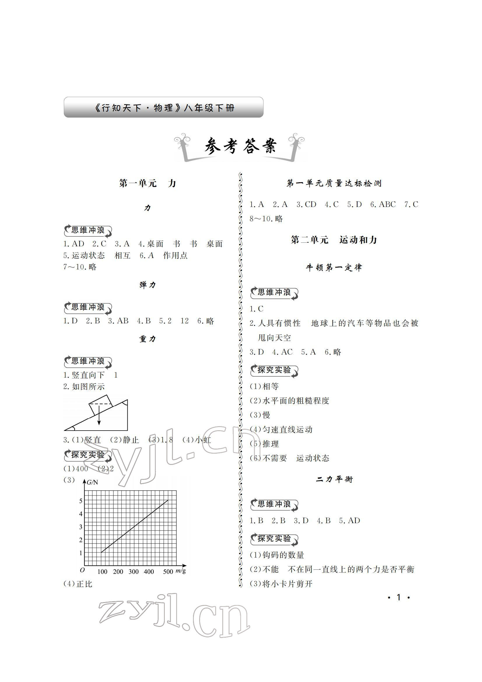 2022年行知天下八年级物理下册人教版 参考答案第1页