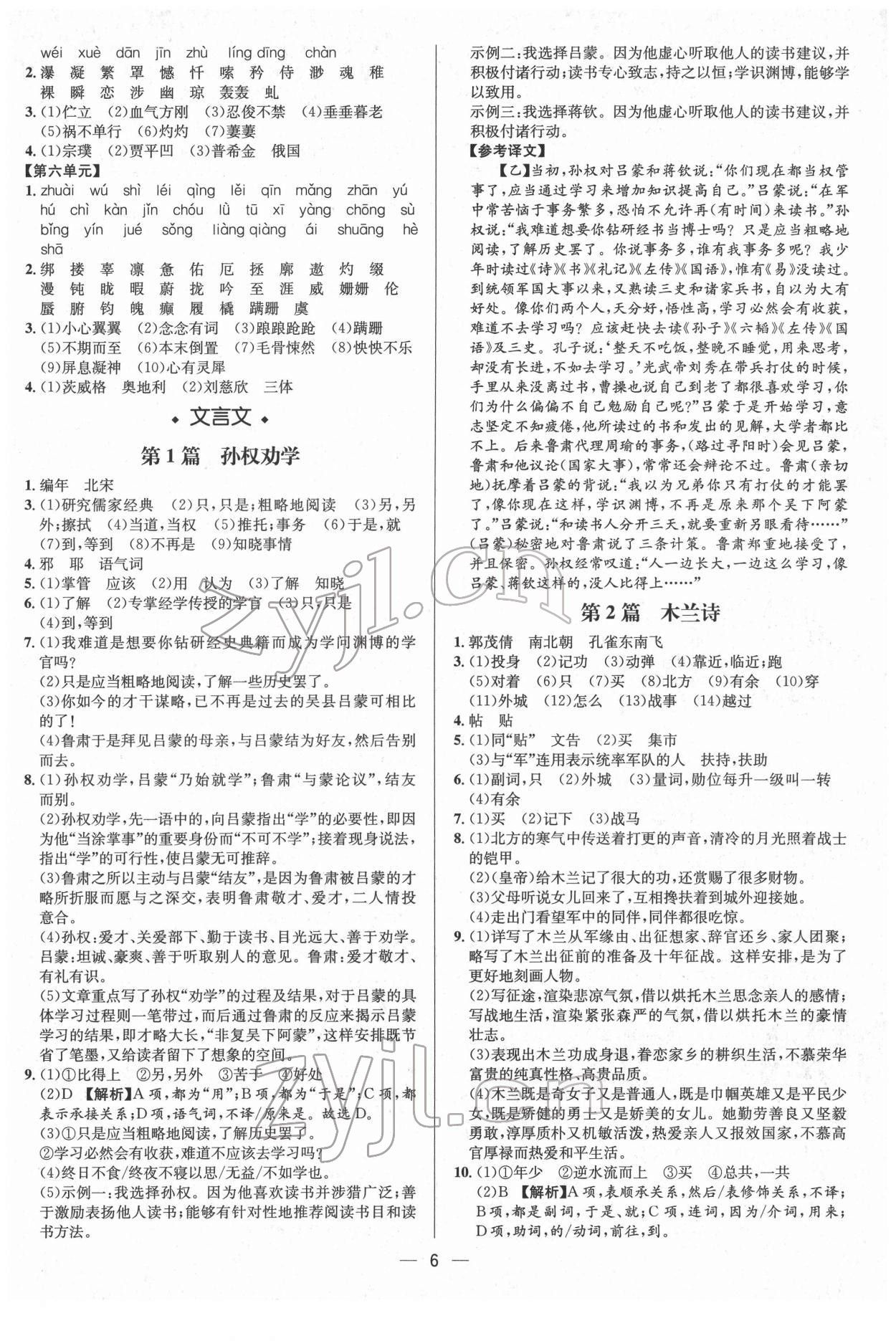 2022年中考对策语文临沂专版 参考答案第6页