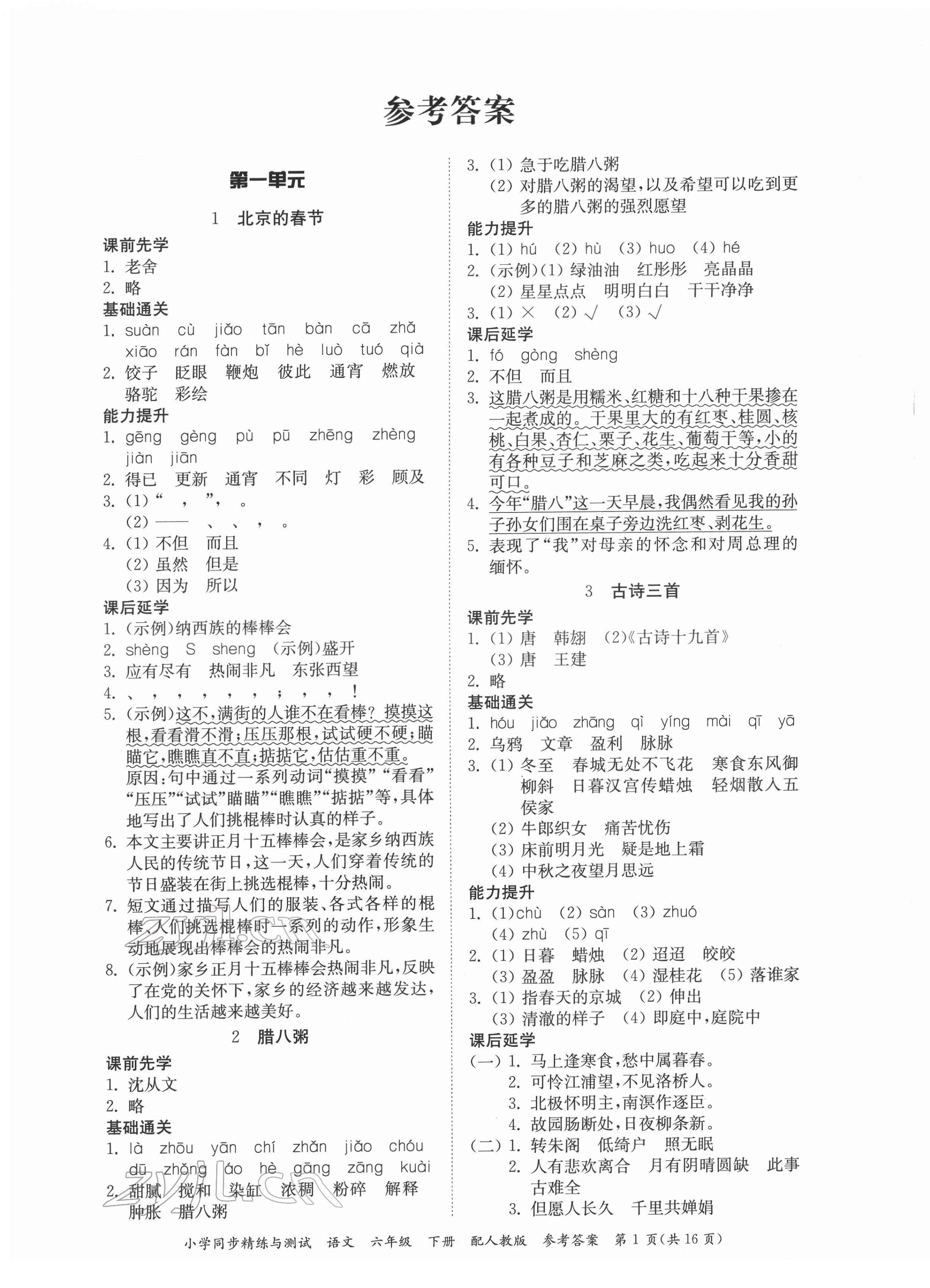 2022年同步精練與測(cè)試六年級(jí)語(yǔ)文下冊(cè)人教版 第1頁(yè)