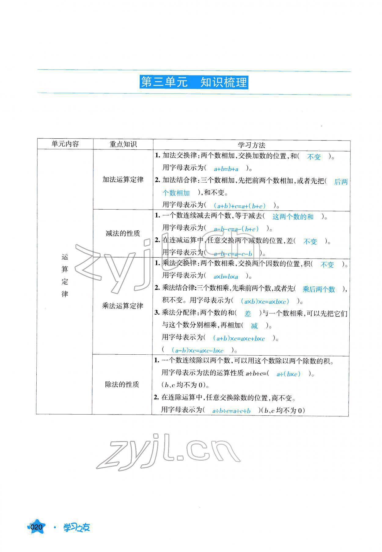 2022年學(xué)習(xí)之友四年級(jí)數(shù)學(xué)下冊(cè)人教版 參考答案第20頁(yè)