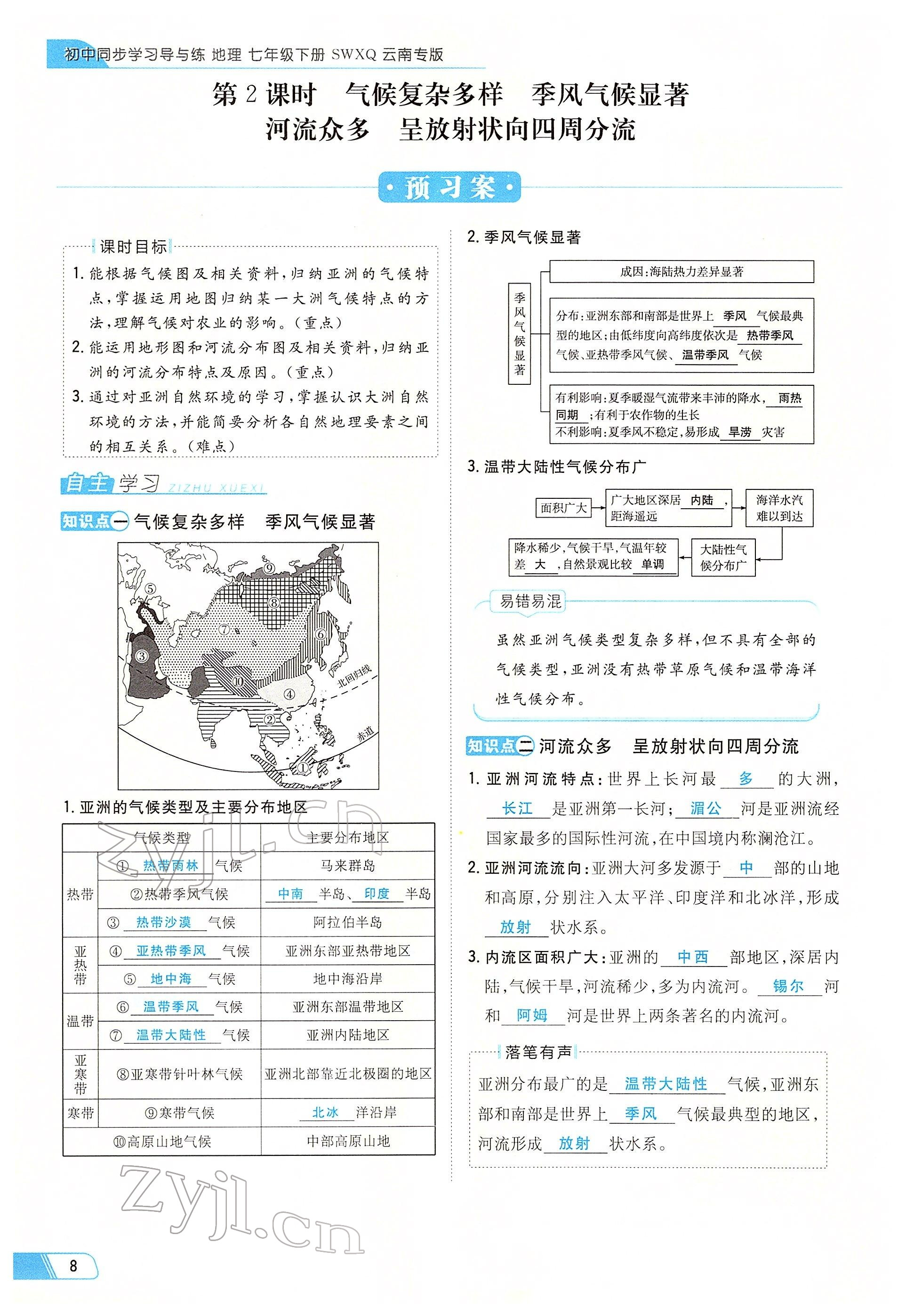 2022年初中同步学习导与练导学探究案七年级地理下册商务星球版云南专版 参考答案第8页