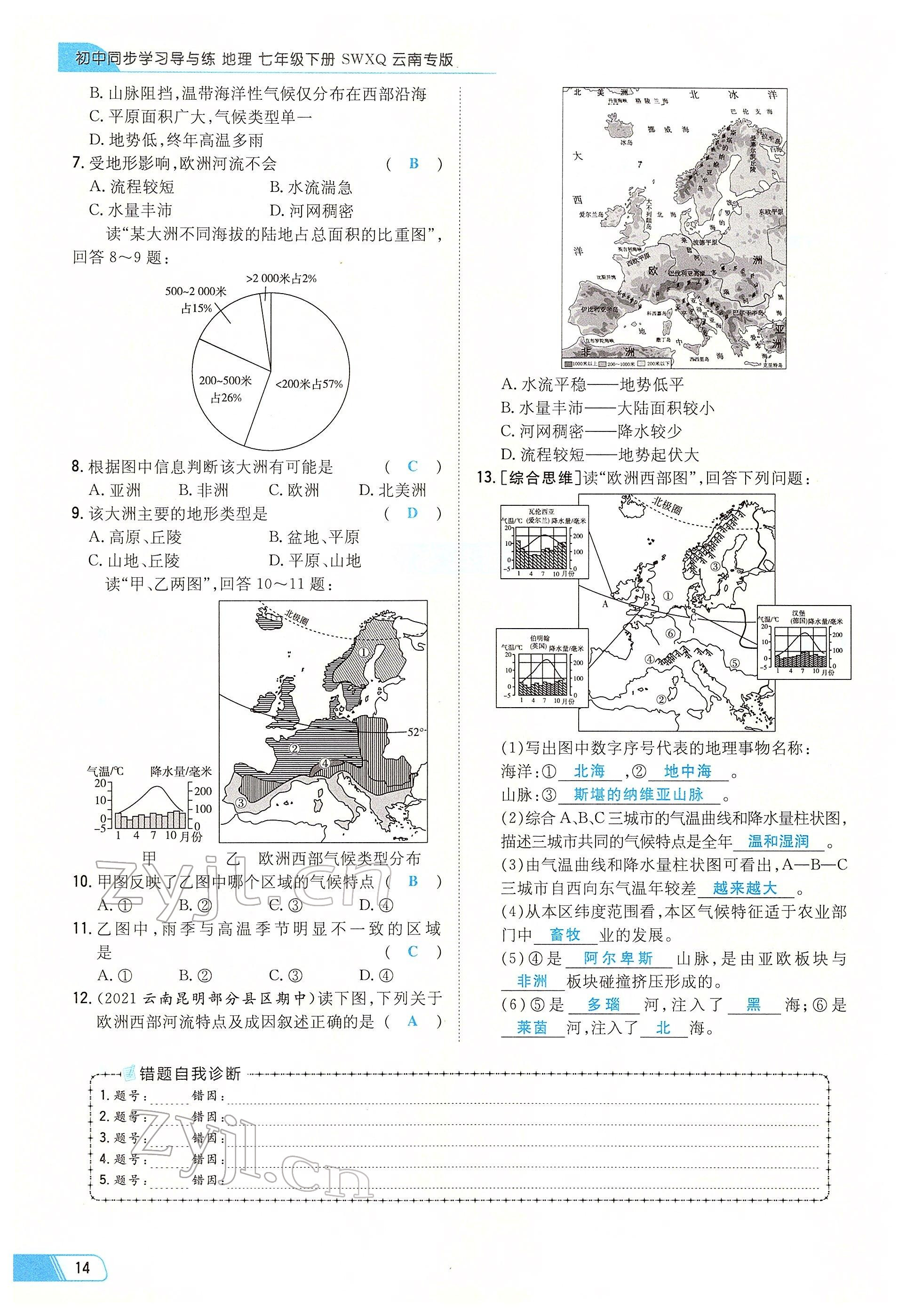 2022年初中同步学习导与练导学探究案七年级地理下册商务星球版云南专版 参考答案第14页