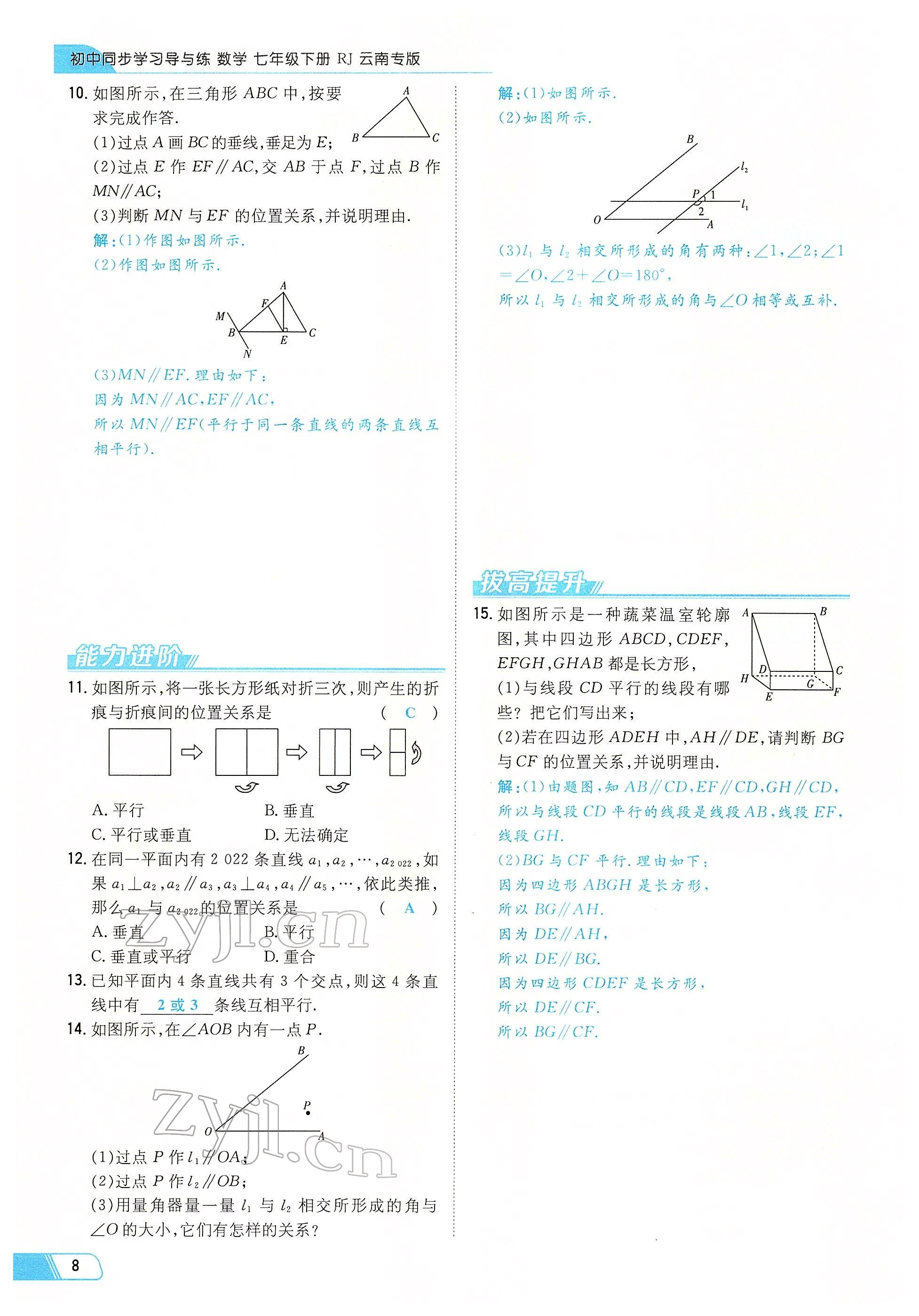 2022年初中同步学习导与练导学探究案七年级数学下册人教版云南专版 参考答案第8页