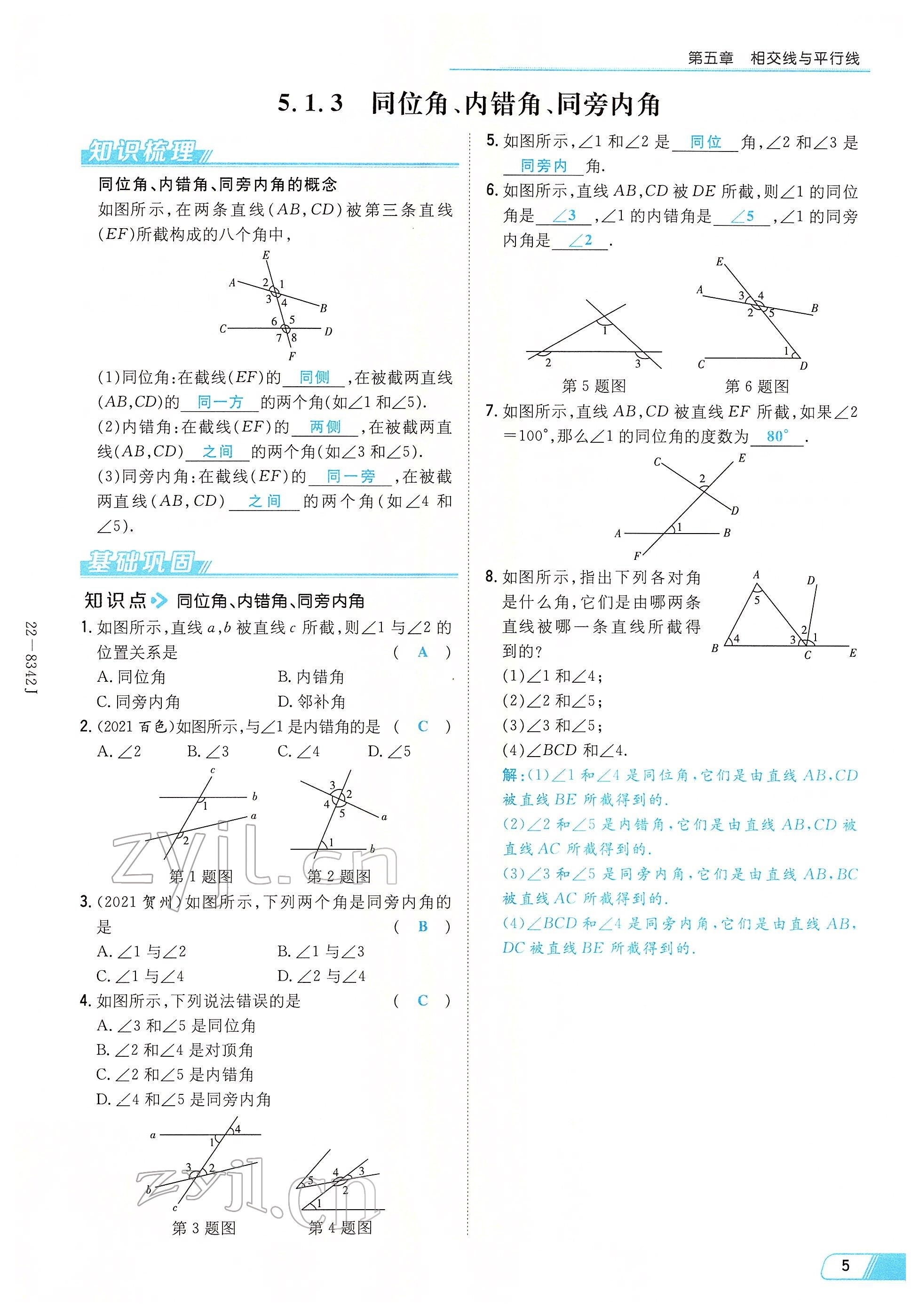 2022年初中同步学习导与练导学探究案七年级数学下册人教版云南专版 参考答案第5页