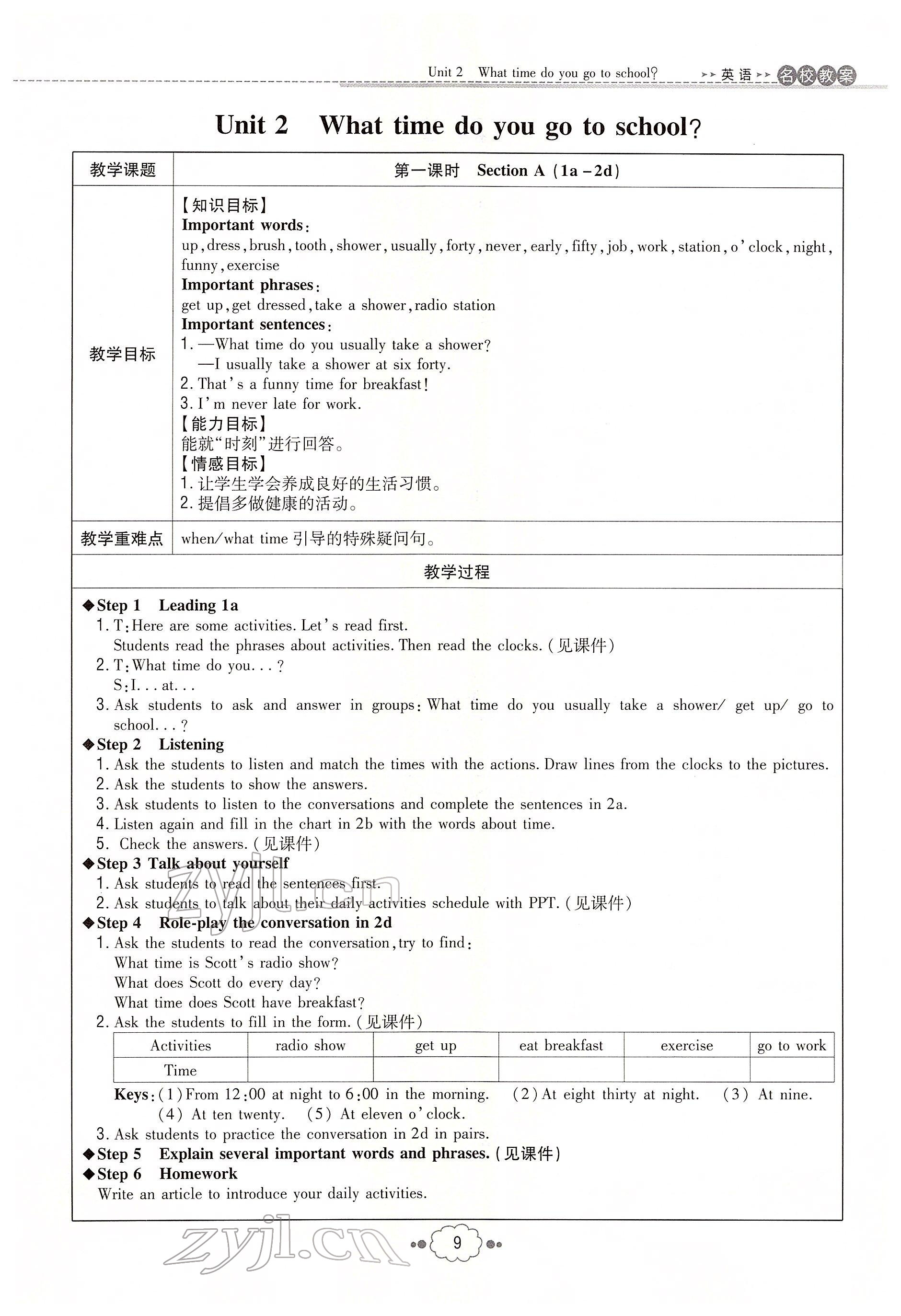 2022年初中同步学习导与练导学探究案七年级英语下册人教版云南专版 参考答案第9页