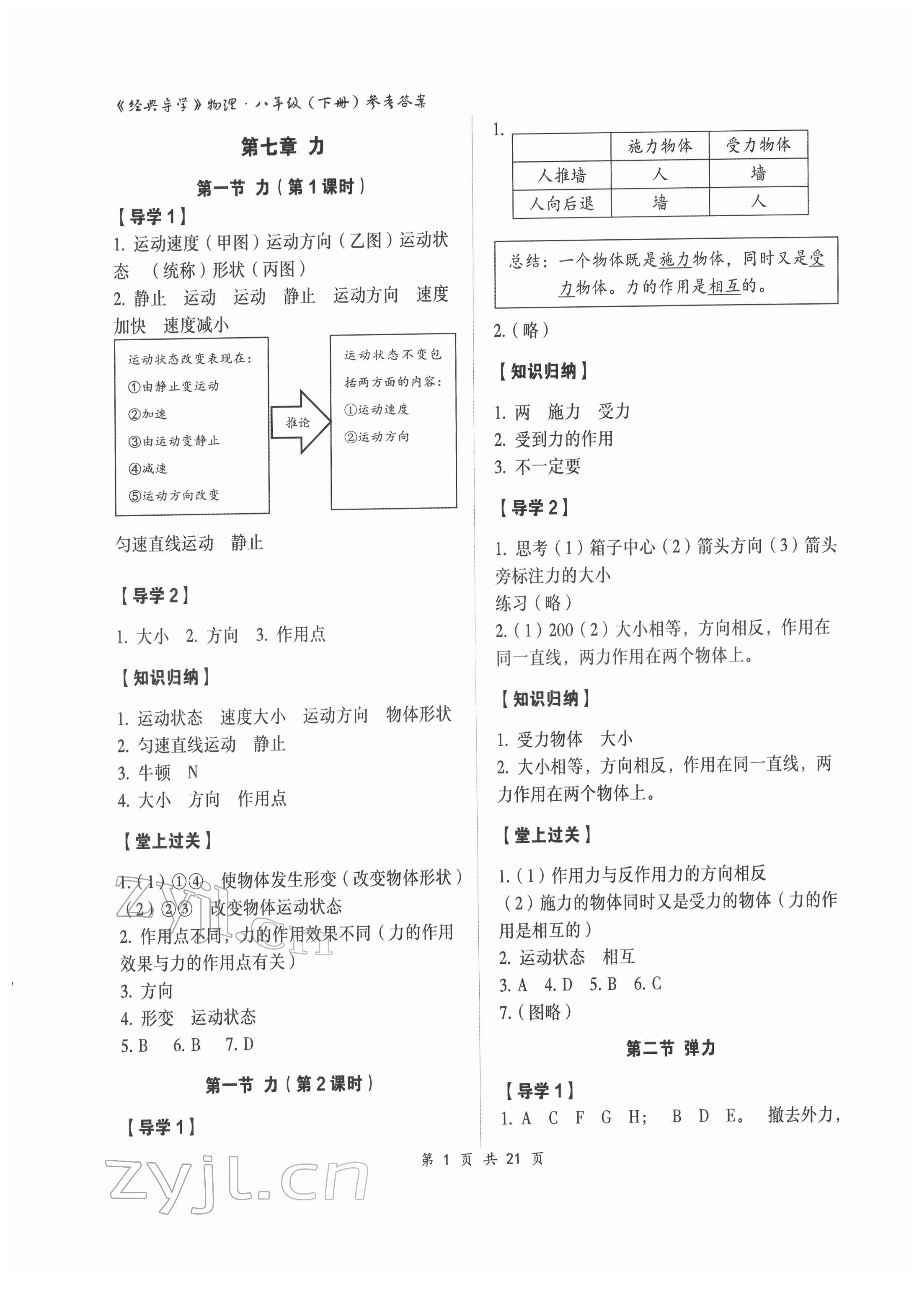 2022年經(jīng)典導(dǎo)學(xué)八年級物理下冊人教版 參考答案第1頁