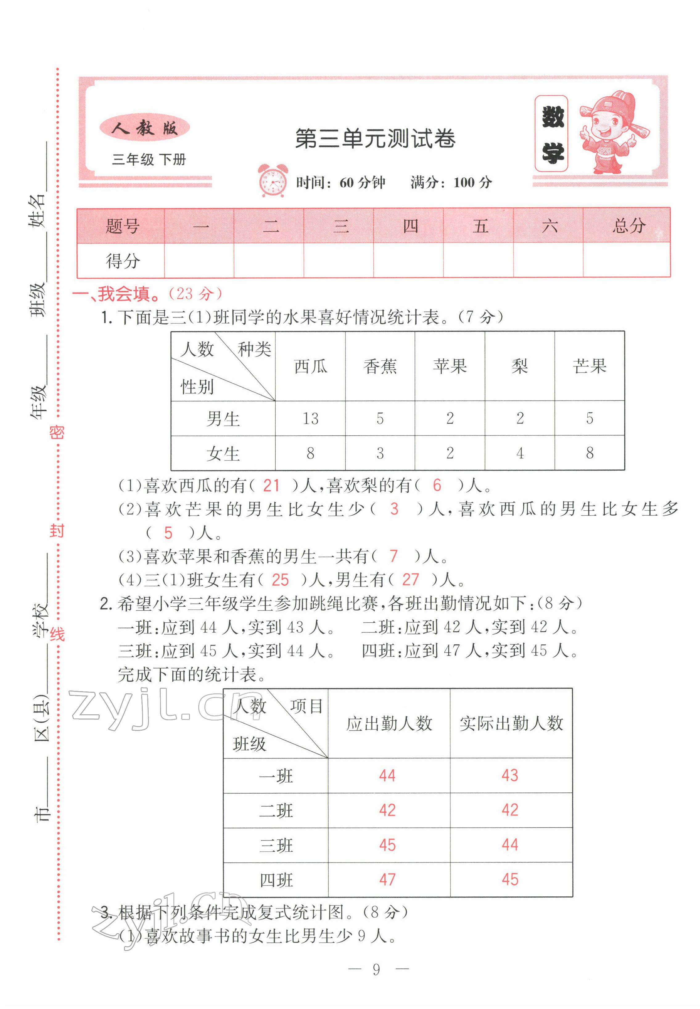 2022年黃岡新課堂三年級數(shù)學(xué)下冊人教版 第9頁