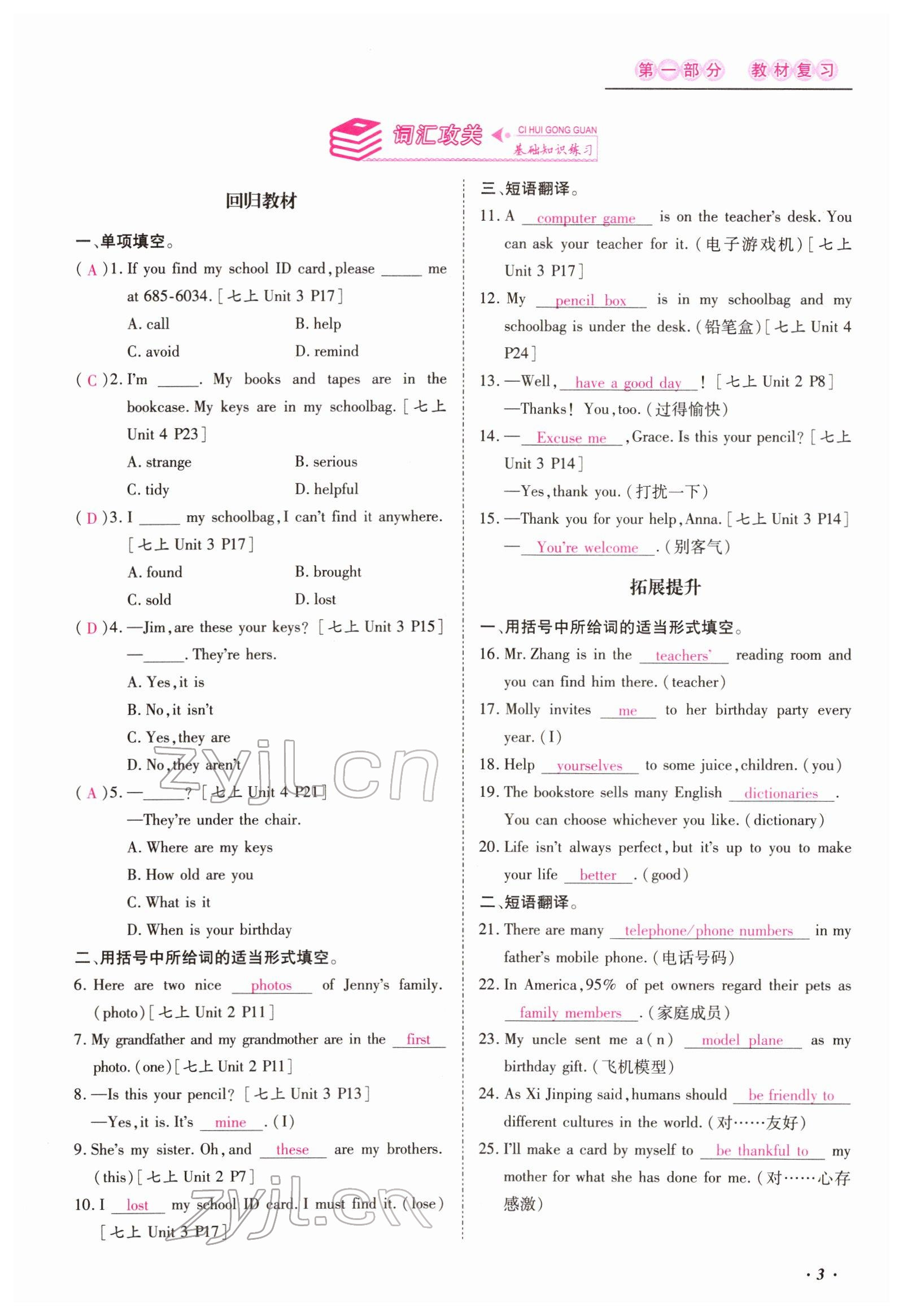 2022年本土攻略精準復習方案英語云南專版 參考答案第8頁