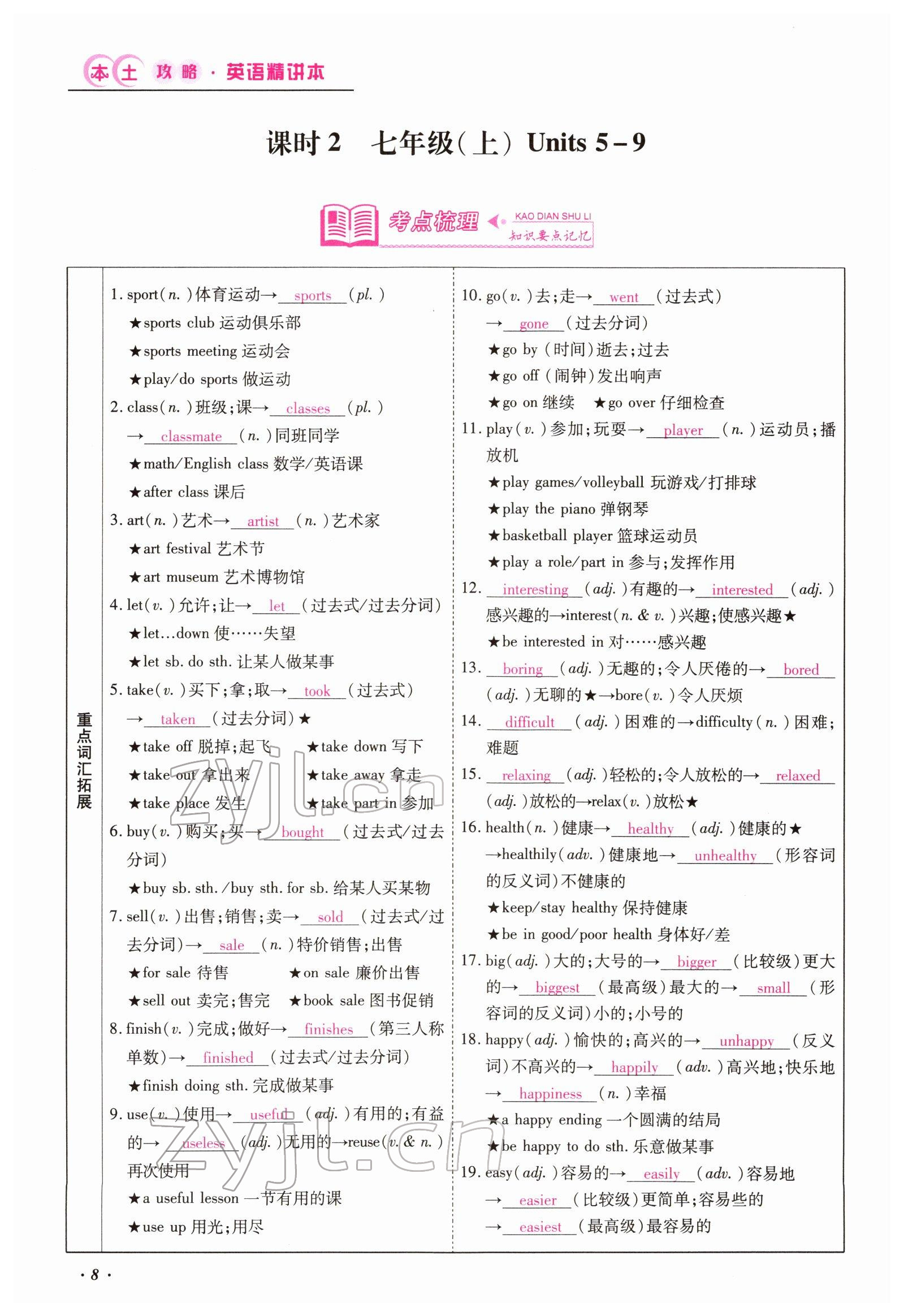 2022年本土攻略精準復(fù)習(xí)方案英語云南專版 參考答案第37頁