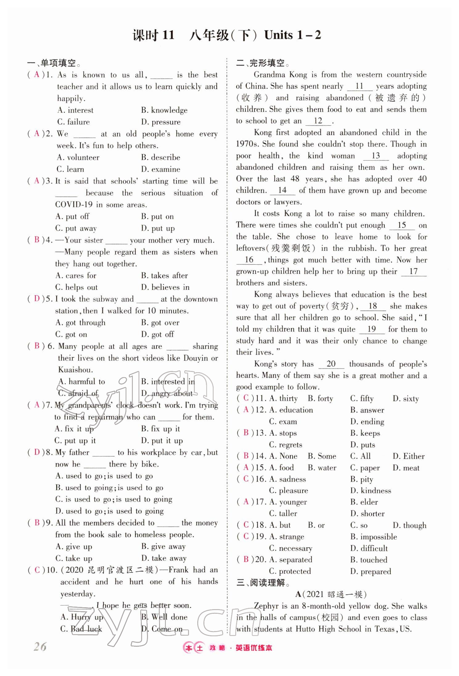 2022年本土攻略精準(zhǔn)復(fù)習(xí)方案英語(yǔ)云南專版 參考答案第90頁(yè)
