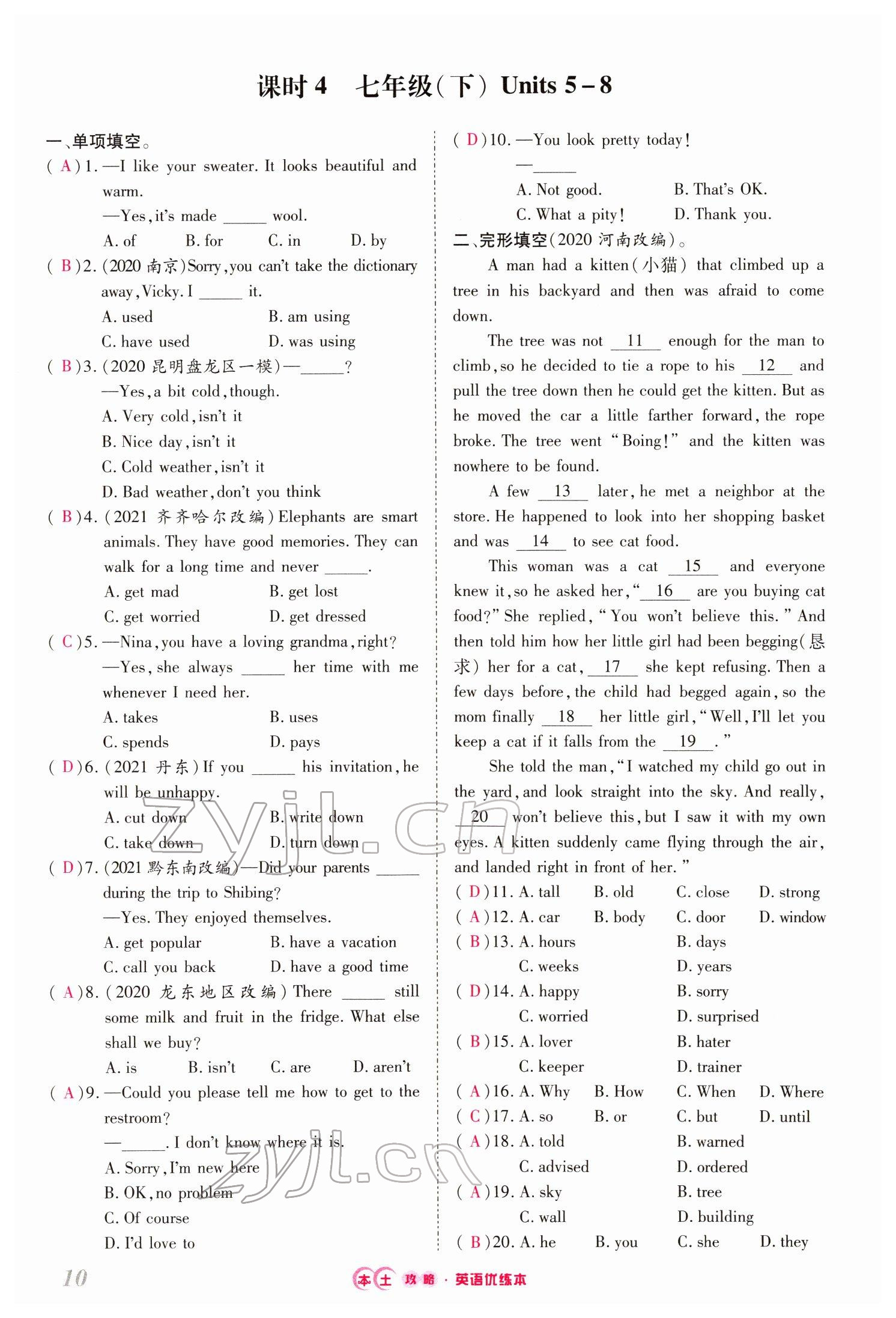 2022年本土攻略精準(zhǔn)復(fù)習(xí)方案英語云南專版 參考答案第34頁