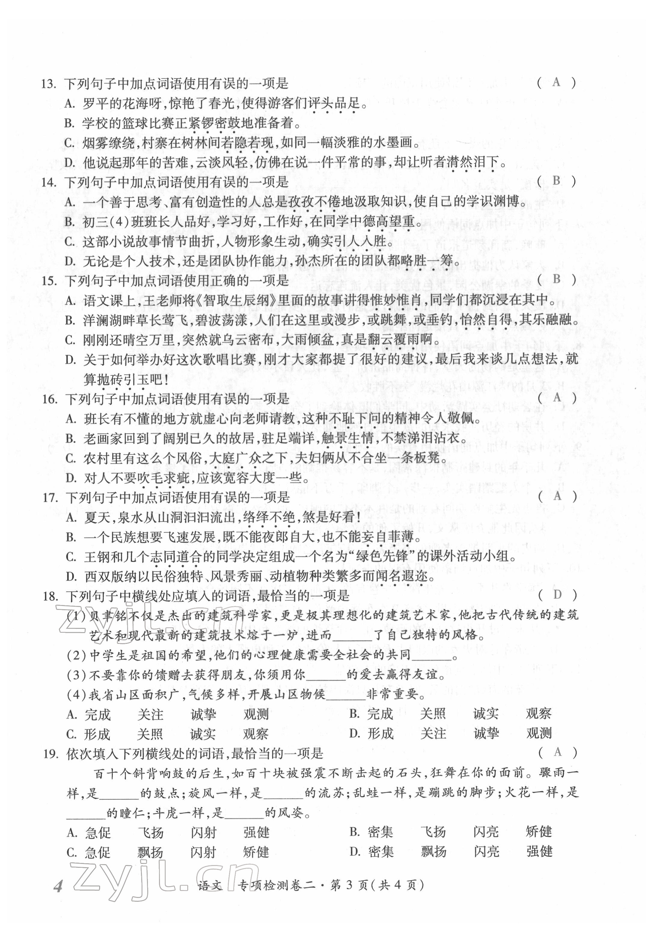 2022年本土攻略精準復習方案語文云南專版 參考答案第14頁