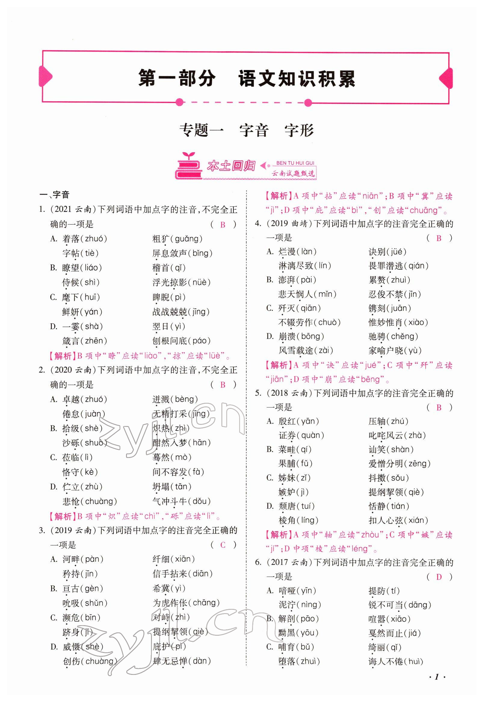 2022年本土攻略精準復習方案語文云南專版 參考答案第1頁