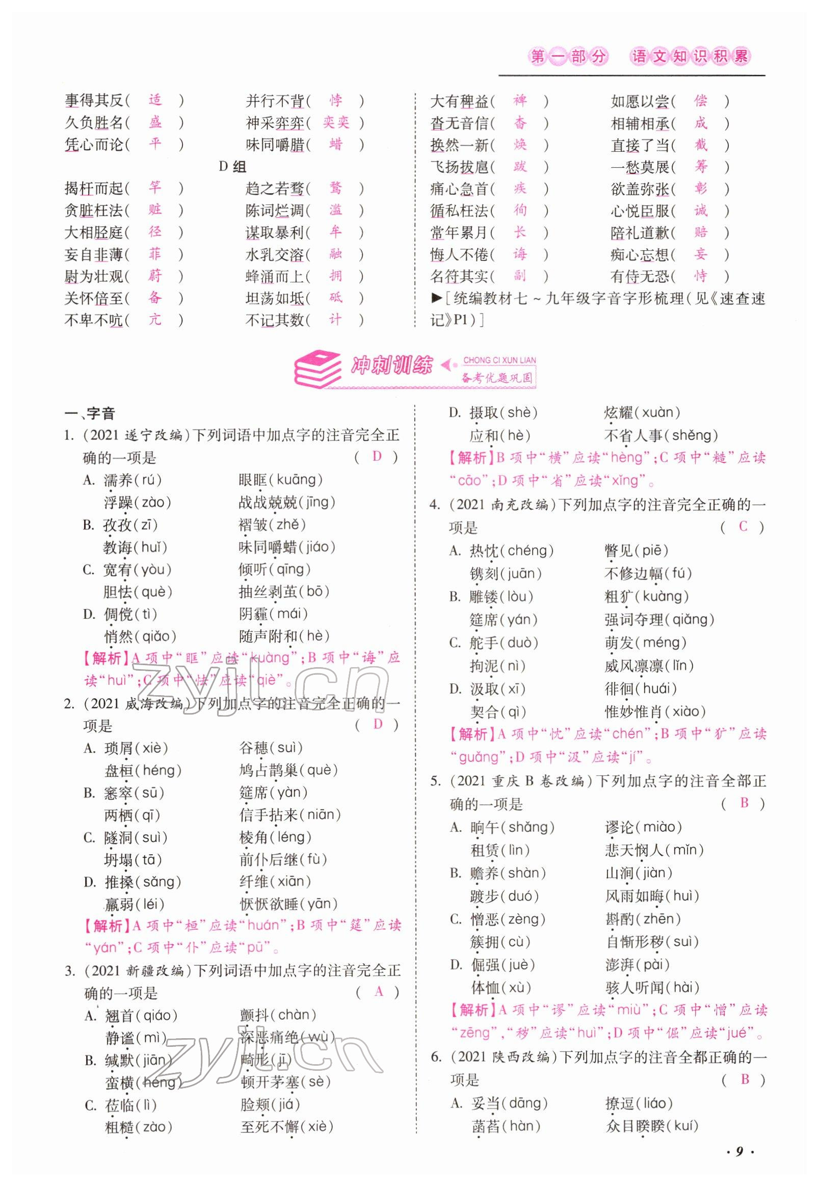 2022年本土攻略精準復(fù)習(xí)方案語文云南專版 參考答案第19頁