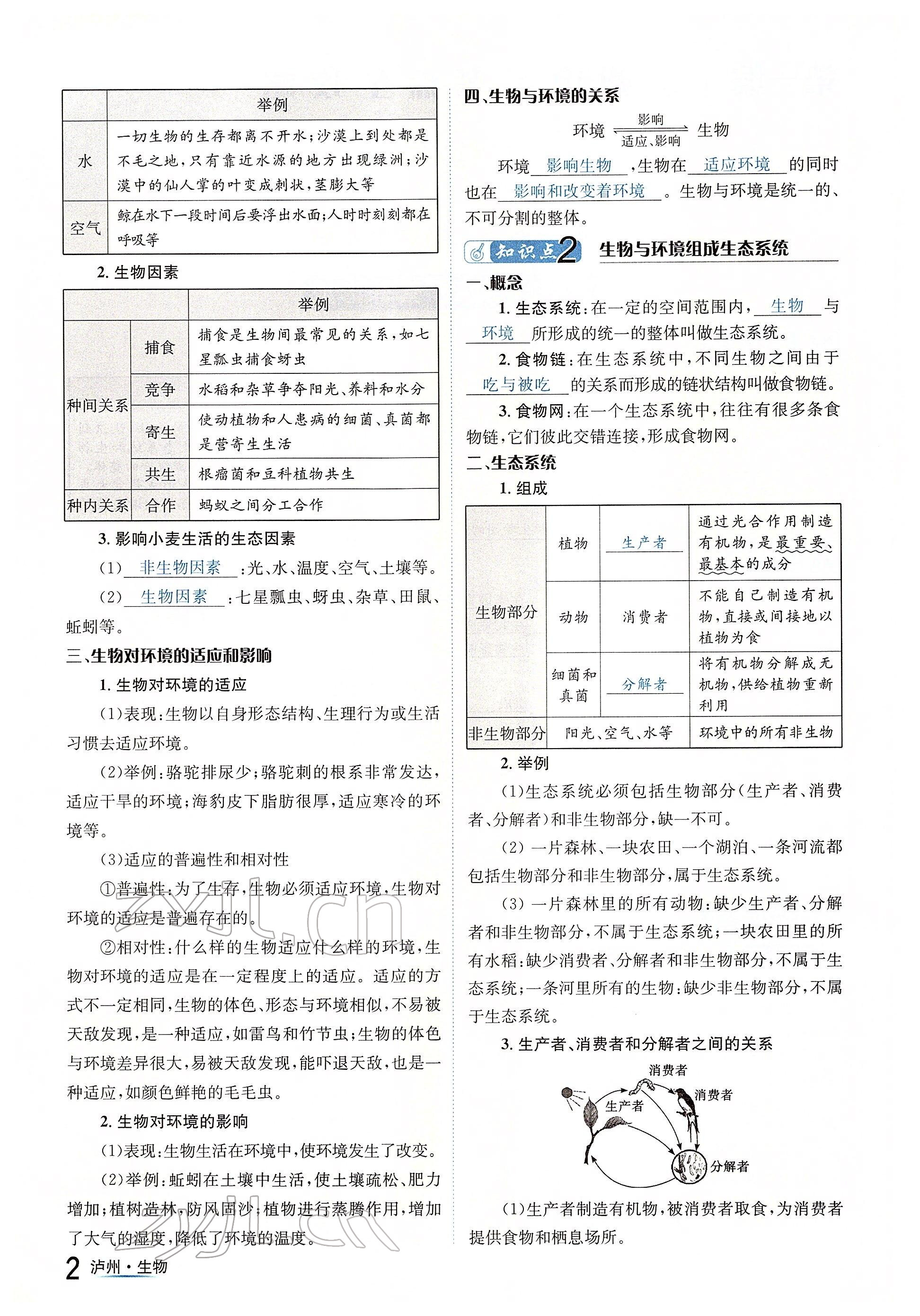 2022年国华考试中考总动员生物泸州专版 参考答案第2页