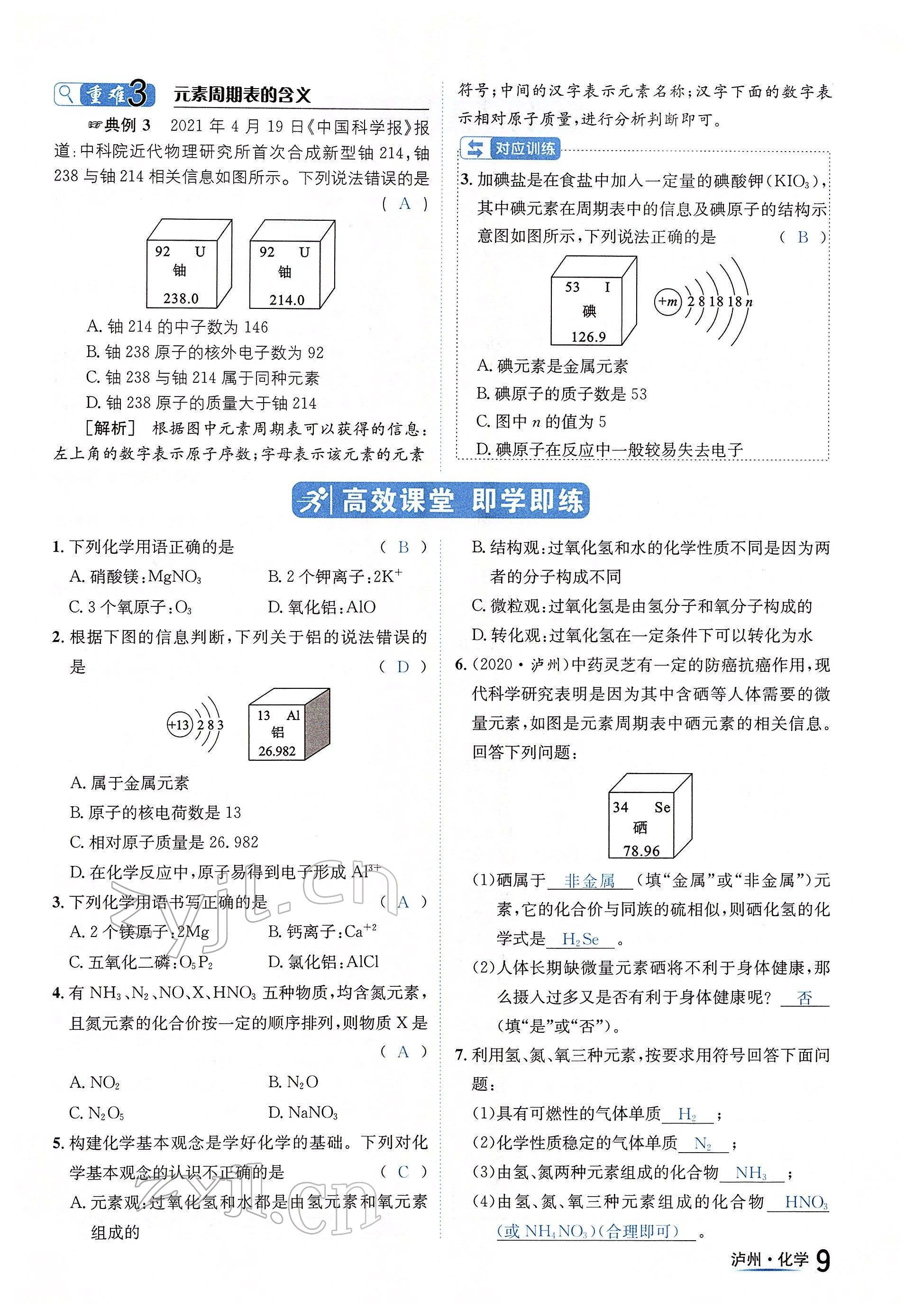 2022年国华考试中考总动员化学泸州专版 参考答案第9页