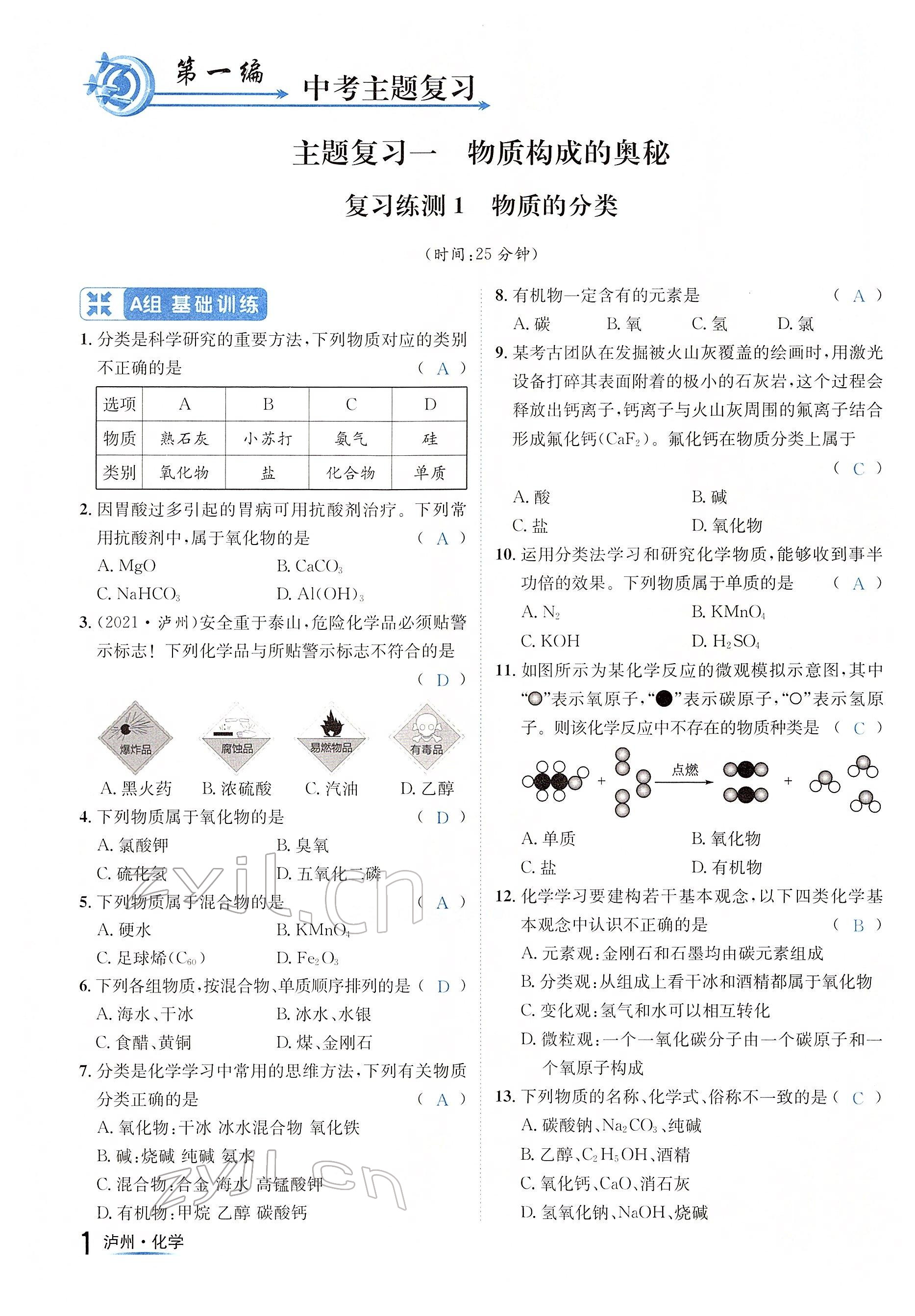 2022年国华考试中考总动员化学泸州专版 参考答案第1页