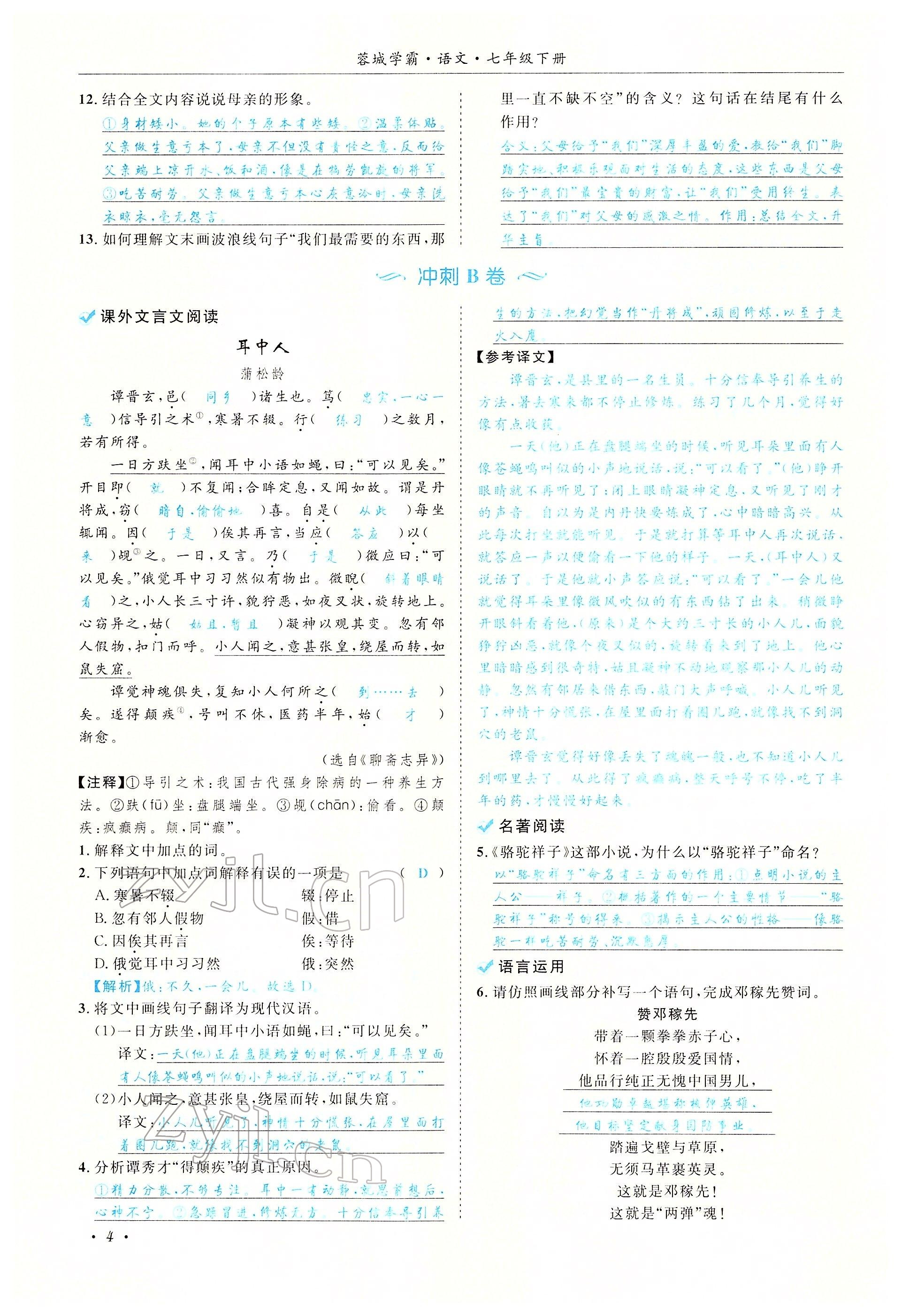 2022年蓉城學(xué)霸七年級語文下冊人教版 參考答案第4頁