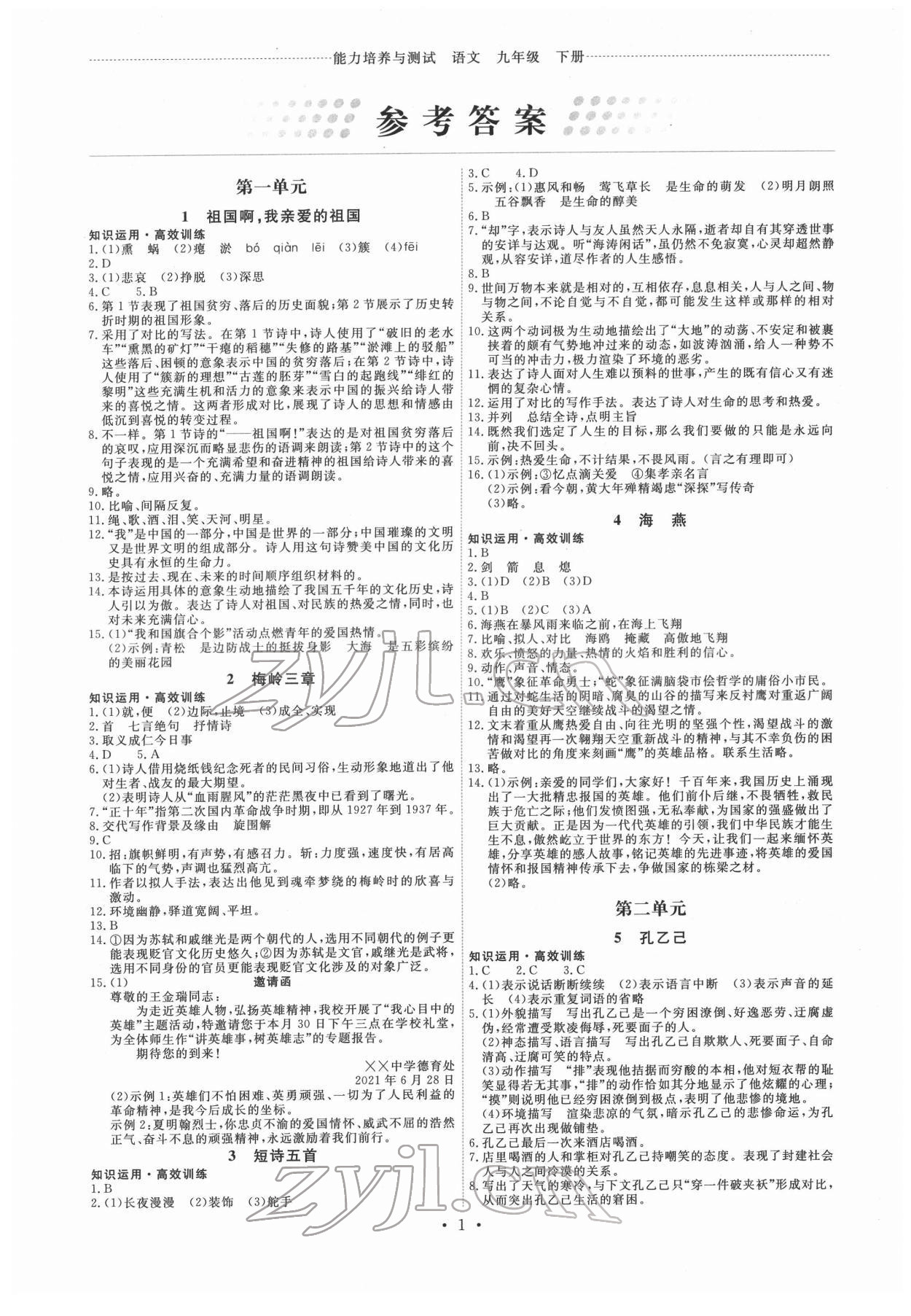 2022年能力培養(yǎng)與測試九年級語文下冊人教版湖南專版 第1頁