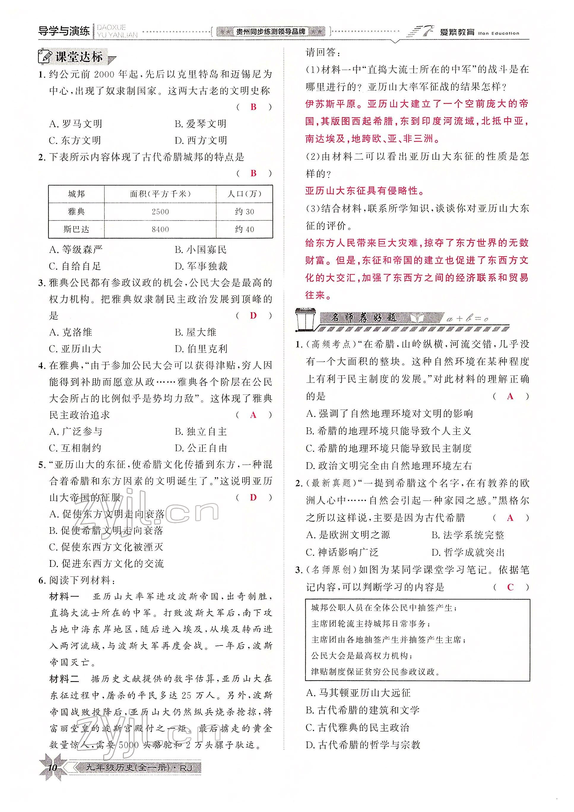 2022年导学与演练九年级历史全一册人教版贵阳专版 参考答案第15页