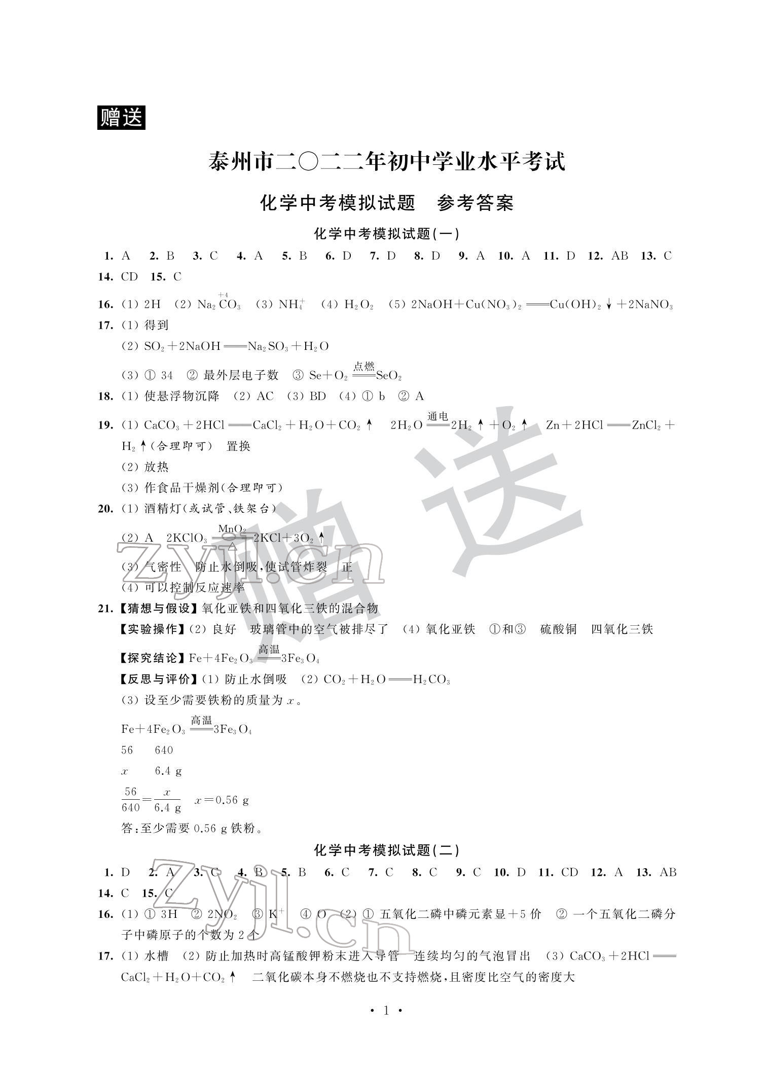 2022年取胜通关中考模拟卷能力提升化学 参考答案第1页