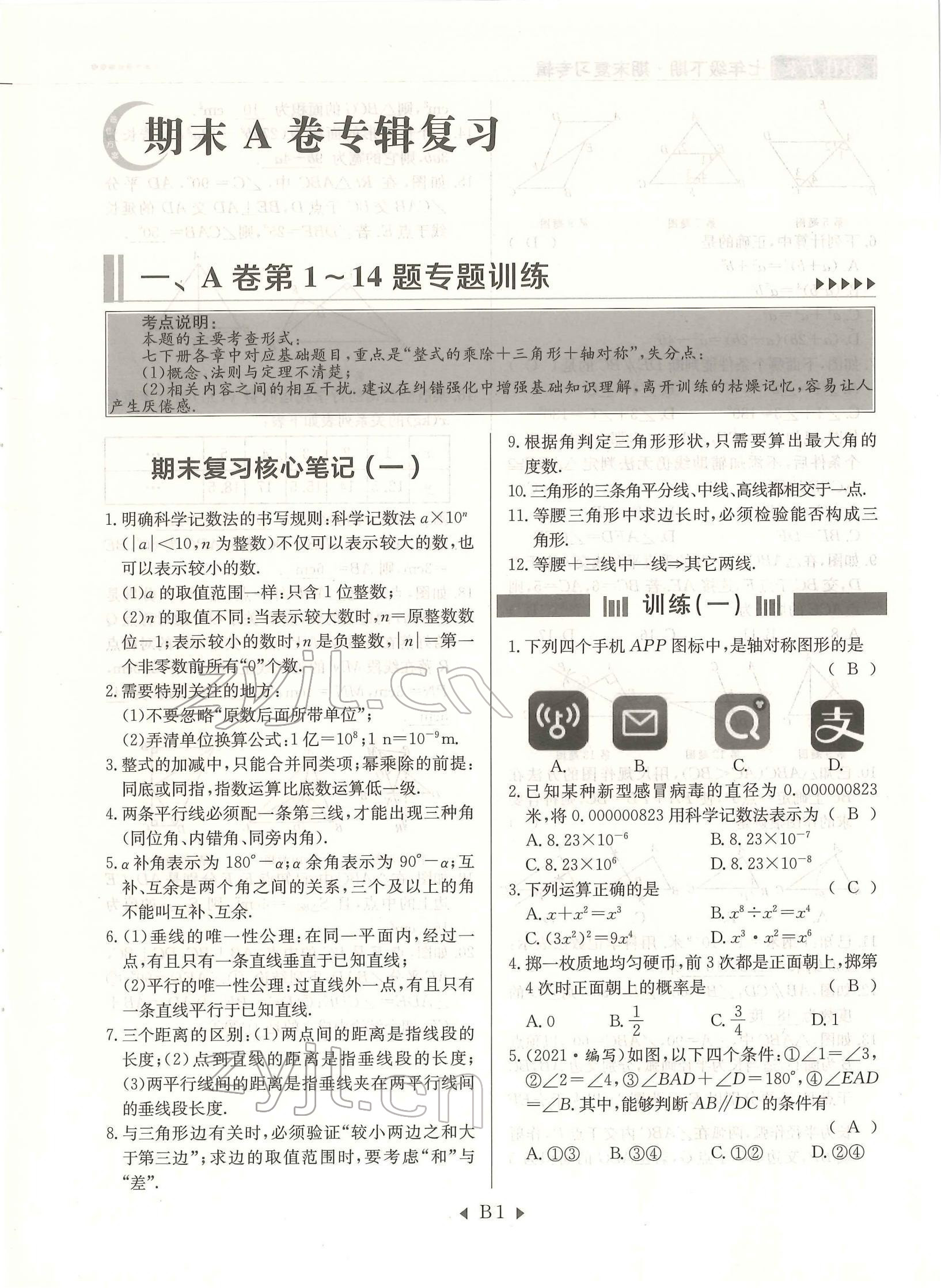 2022年每周过手最佳方案七年级数学下册北师大版 参考答案第1页