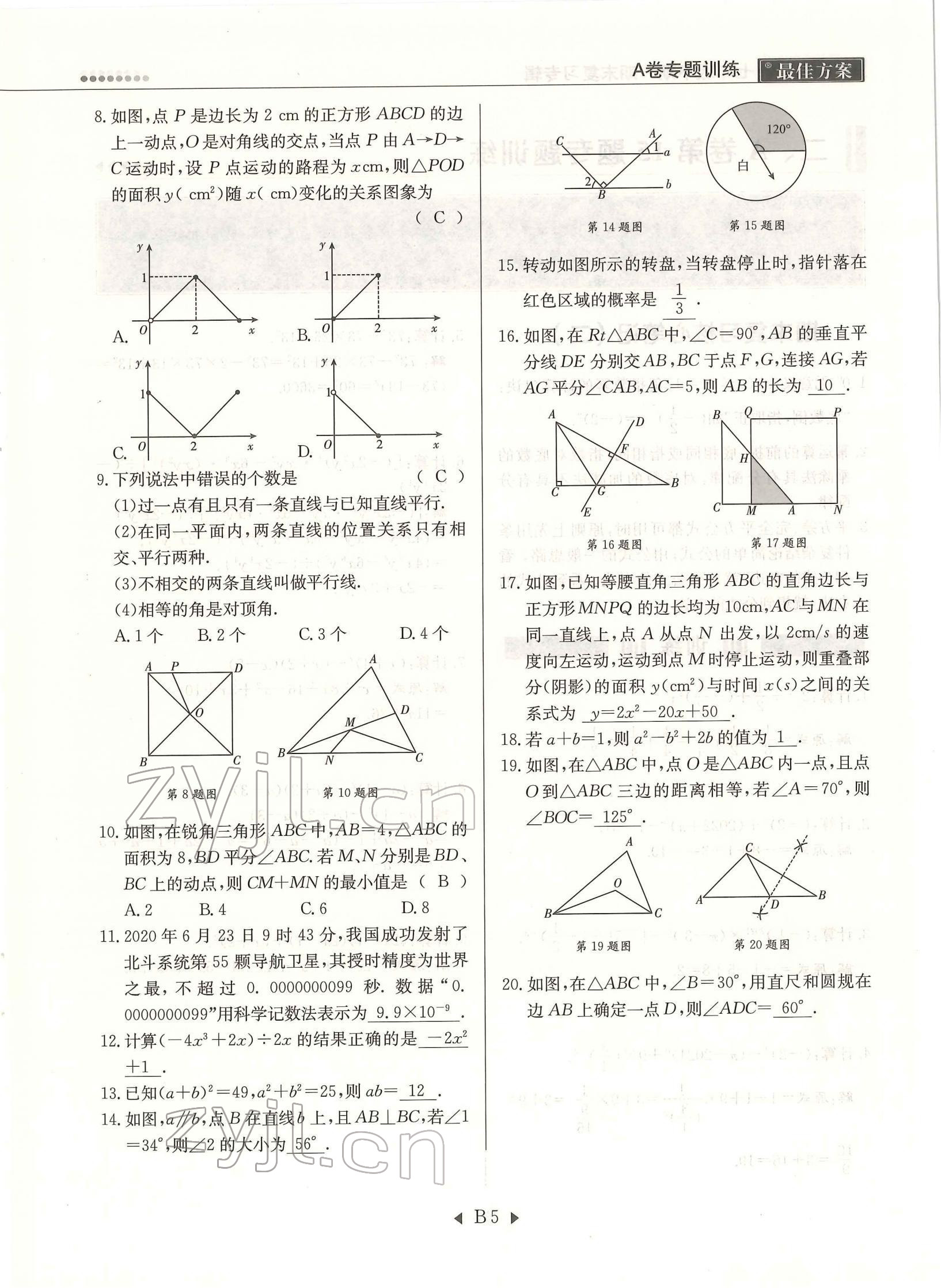 2022年每周过手最佳方案七年级数学下册北师大版 参考答案第5页