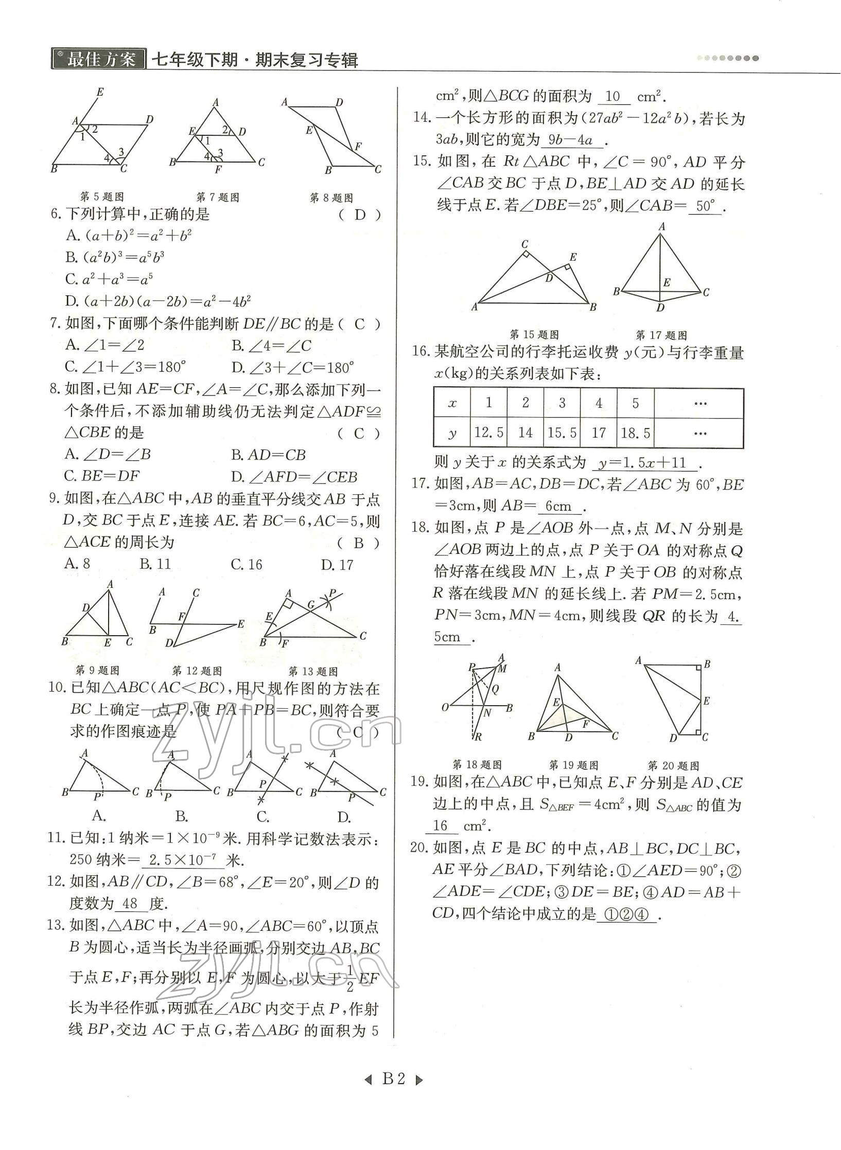 2022年每周过手最佳方案七年级数学下册北师大版 参考答案第2页