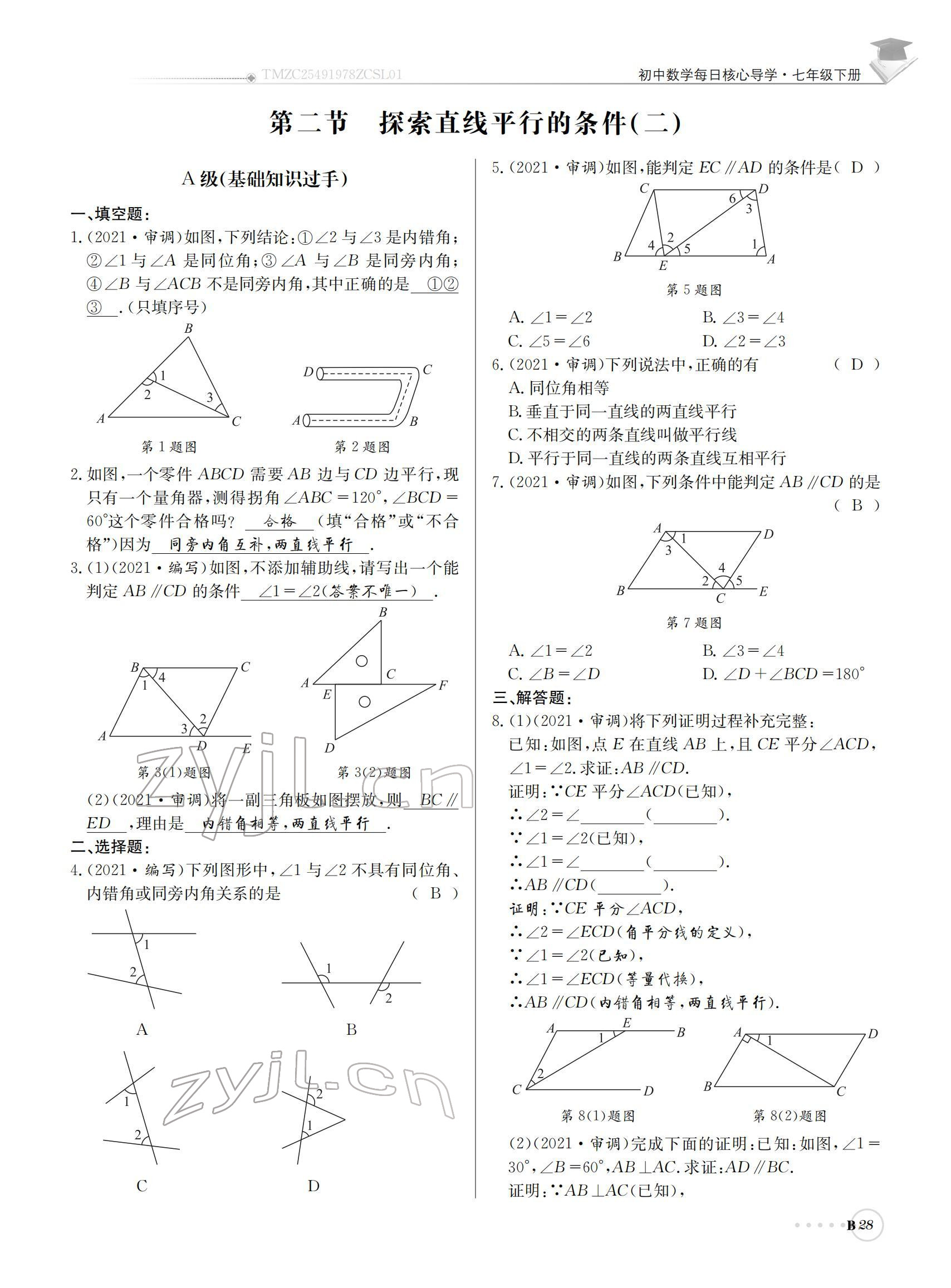 2022年初中数学每日核心导学七年级下册北师大版 参考答案第28页