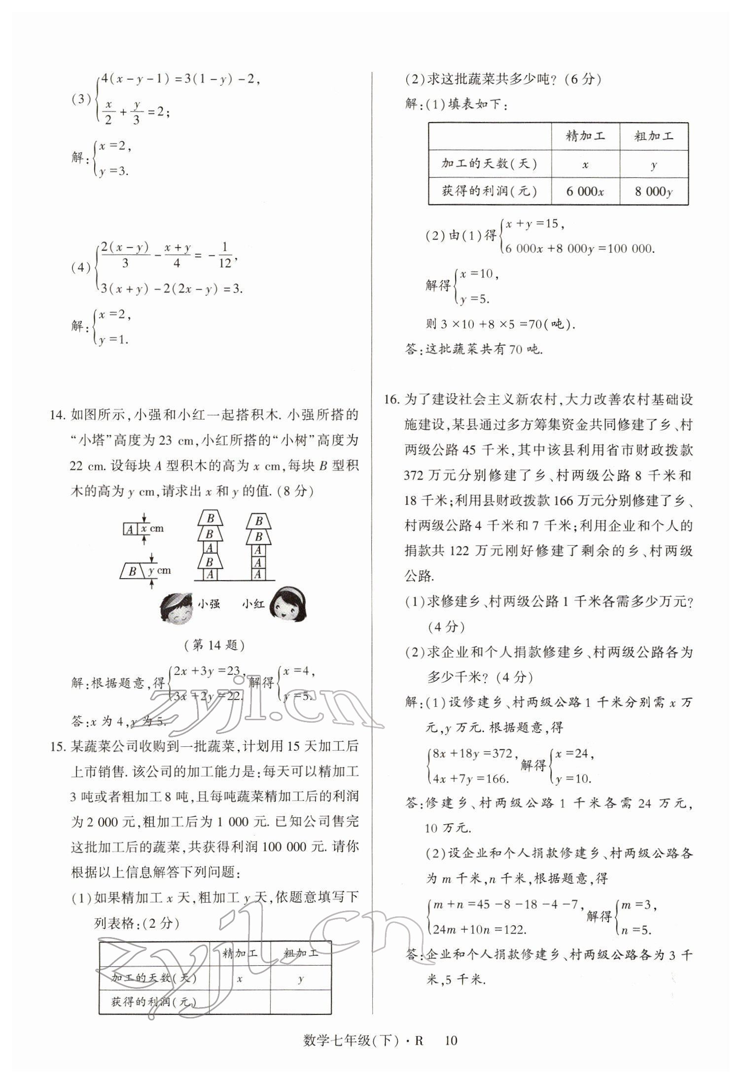 2022年高分突破課時(shí)達(dá)標(biāo)講練測七年級數(shù)學(xué)下冊人教版 參考答案第10頁