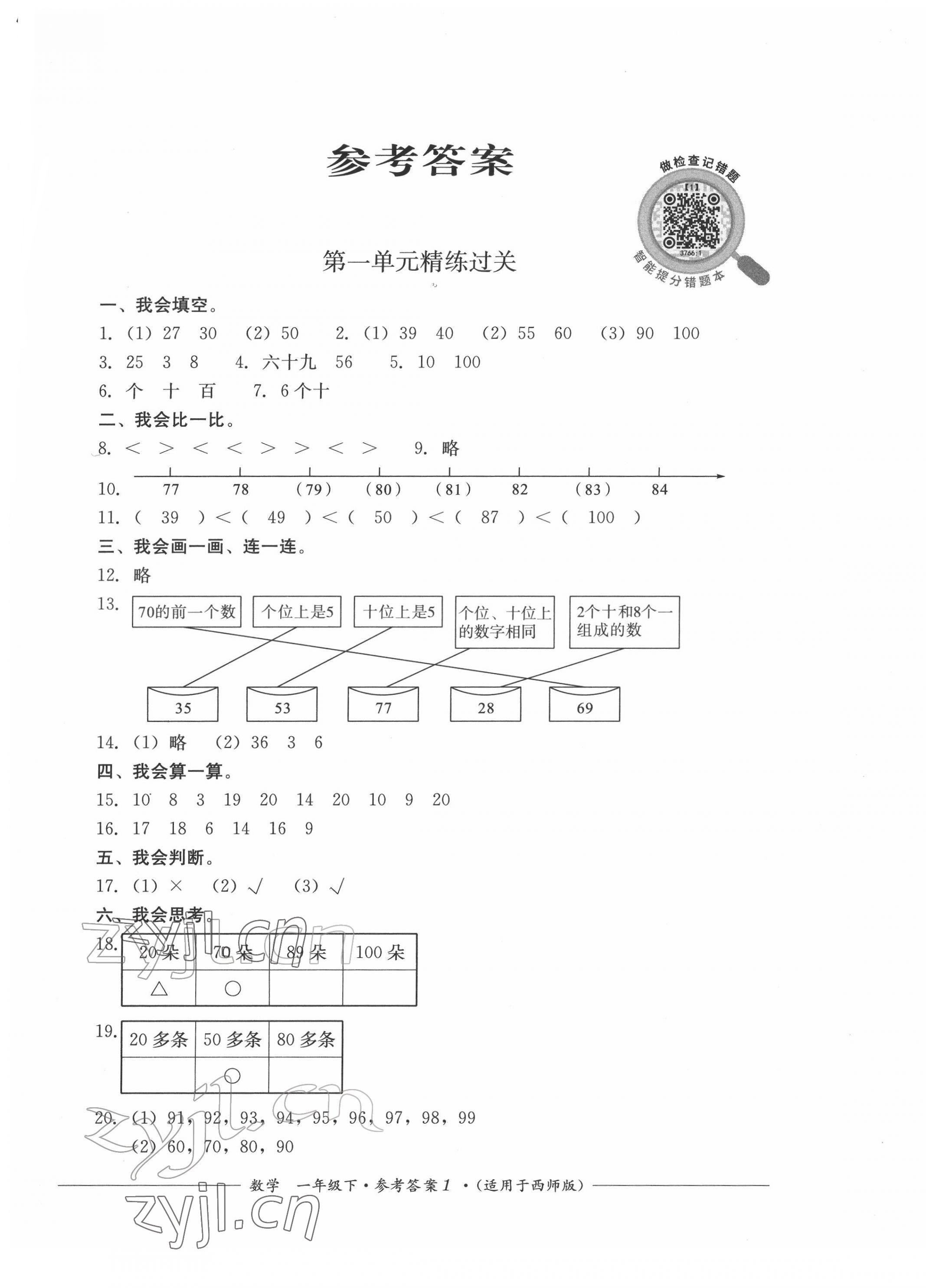 2022年精練過關(guān)四川教育出版社一年級數(shù)學(xué)下冊西師大版 第1頁