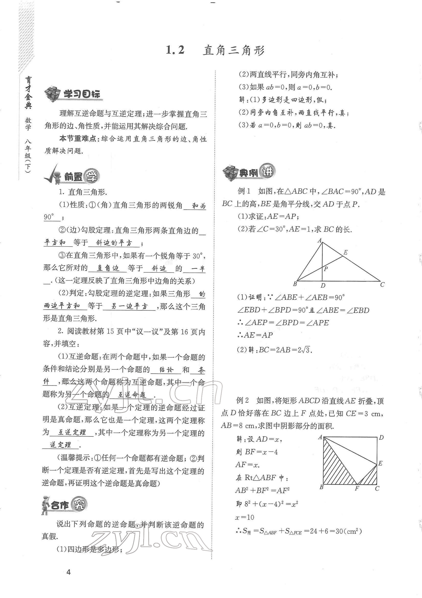 2022年育才金典八年级数学下册北师大版 参考答案第4页