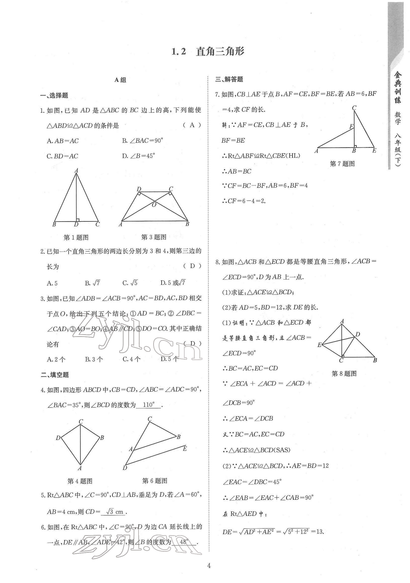 2022年金典训练八年级数学下册北师大版 参考答案第4页