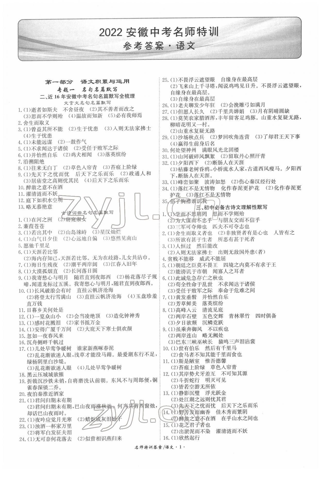 2022年名師特訓語文安徽專版 第1頁