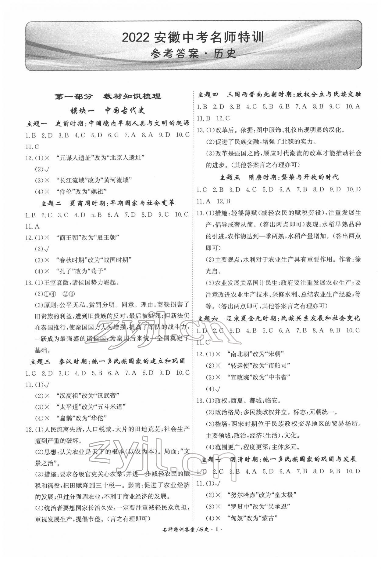 2022年名師特訓歷史安徽專版 第1頁