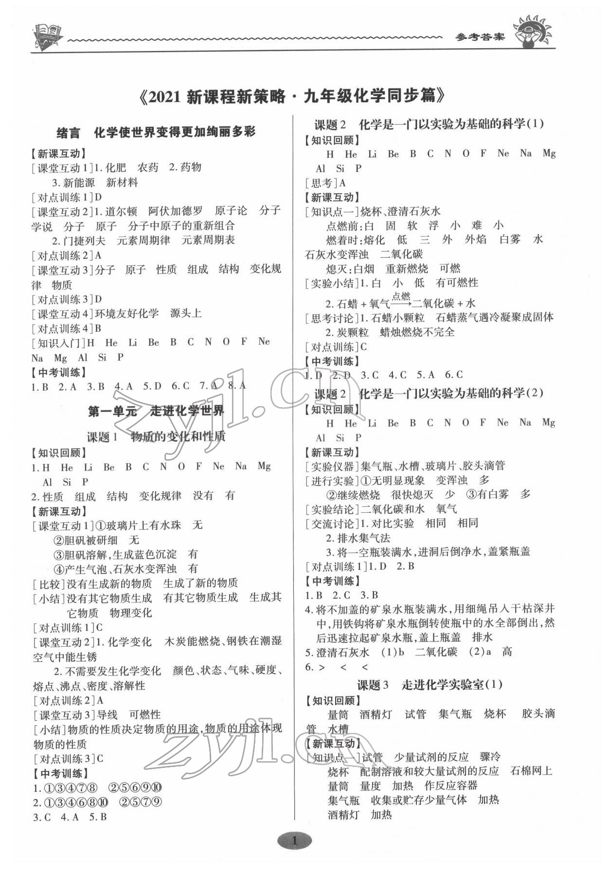 2022年新课程新策略同步篇九年级化学 参考答案第1页