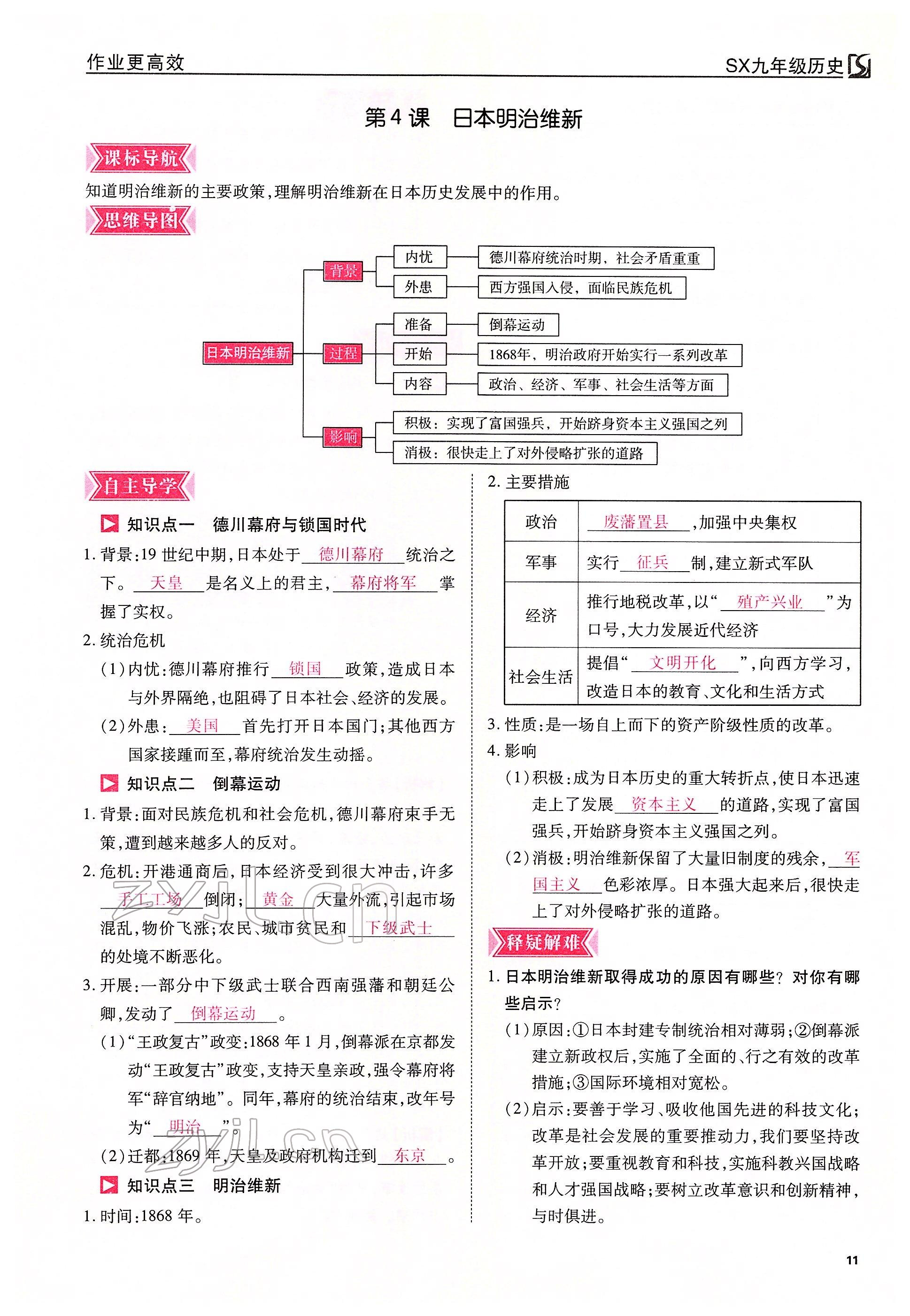 2022年暢行課堂九年級歷史下冊人教版山西專版 參考答案第11頁