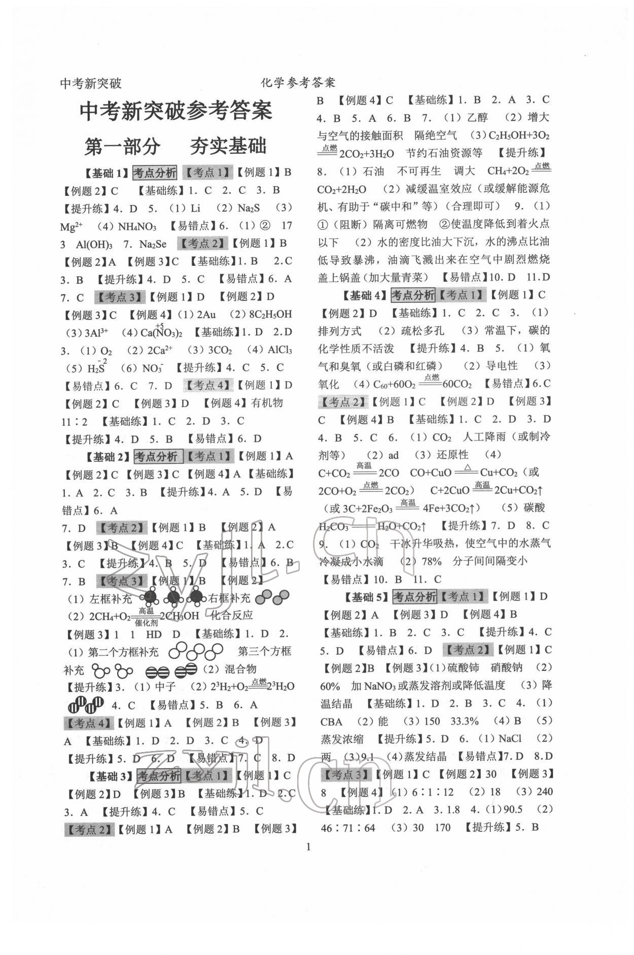 2022年中考新突破化學 參考答案第1頁